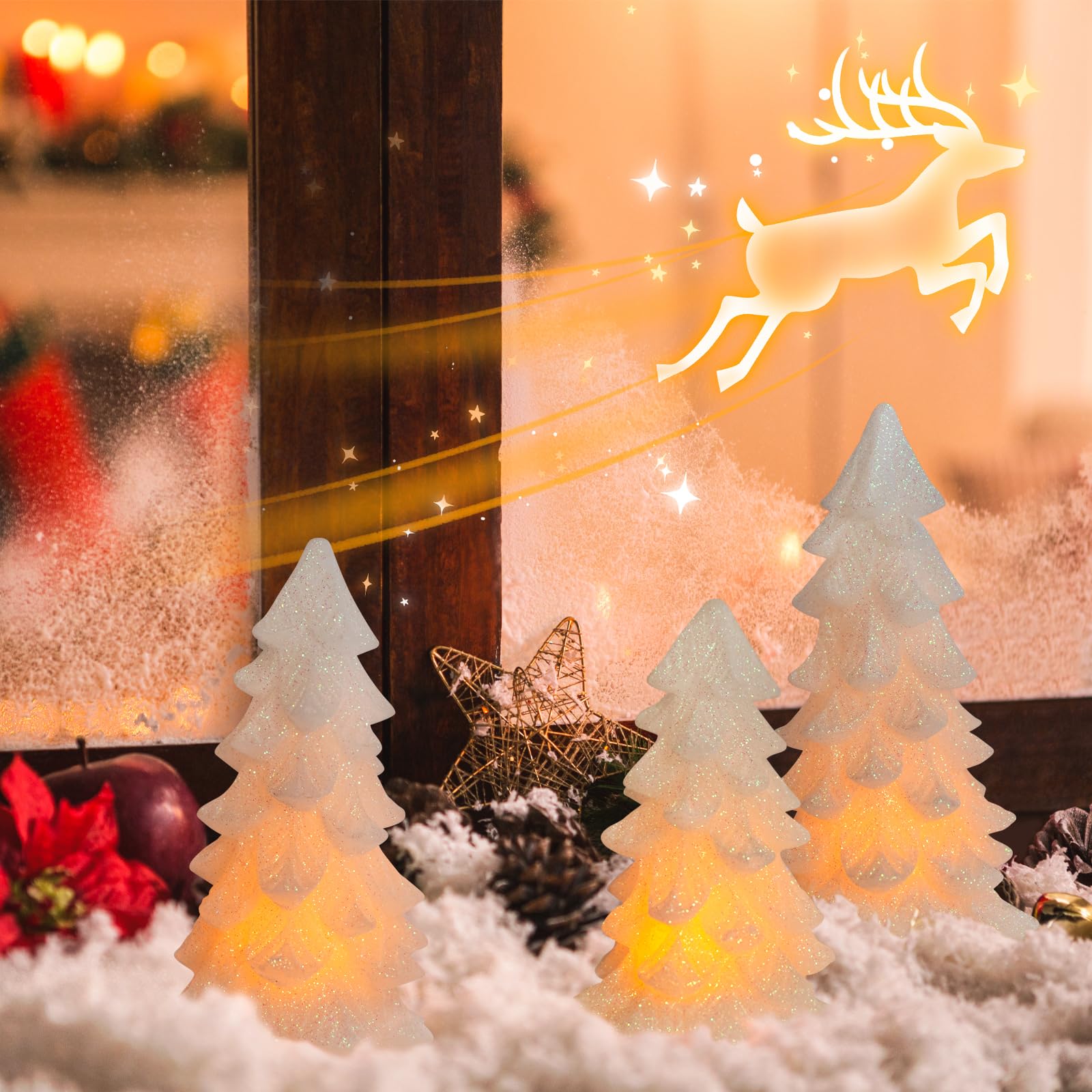 Hn Haiinaa White Glittering Christmas Tree Shaped Flameless Candles With Timer, Real Wax Flickering Battery Operated Led Candles