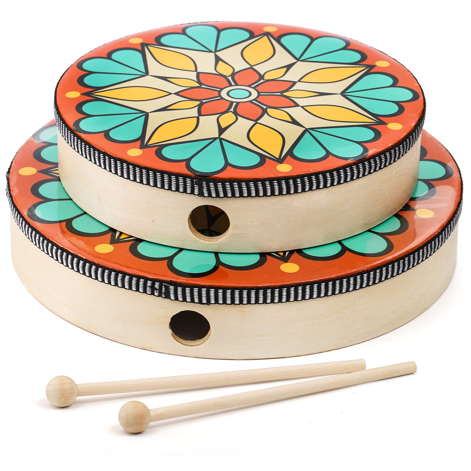 Foraineam 10 Inch & 8 Inch Hand Drum, Musical Percussion Instrument Colorful Wood Frame Drum With Drum Stick