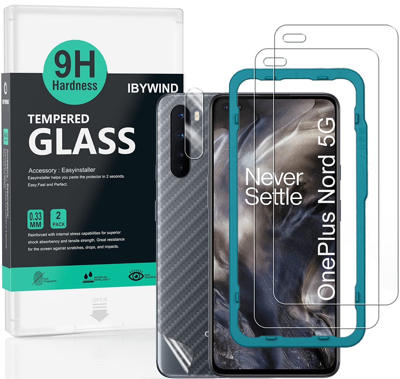 Ibywind Screen Protector For Oneplus Nord,With 2Pcs Tempered Glass,1Pc Camera Lens Protector,1Pc Backing Carbon Fiber Film [Fing