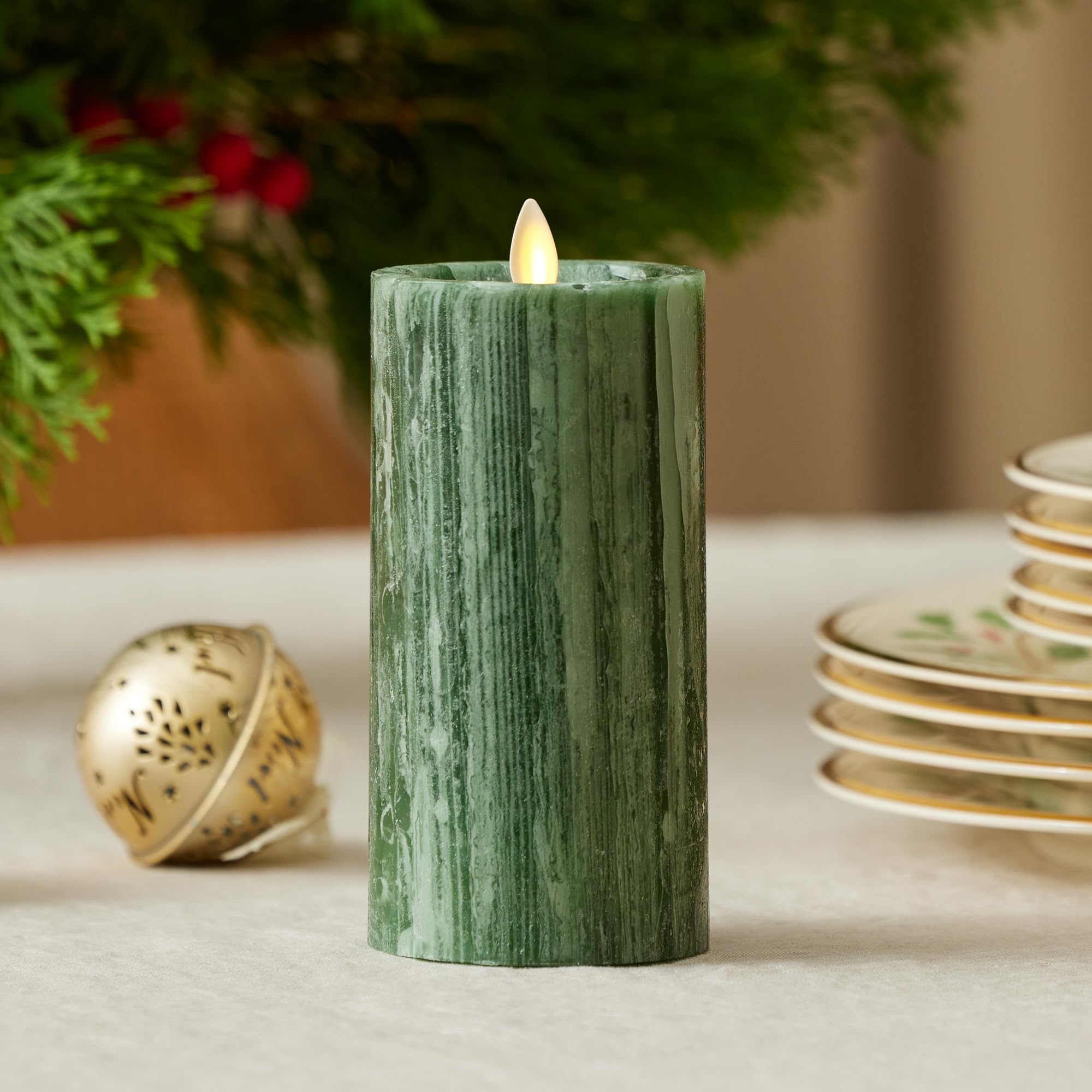 Luminara Selenite Looking Flameless Candle, Holiday Green 3'' X 6.5'', Battery Operated Real Wax Moving Flame Led Pillar Wi/Time