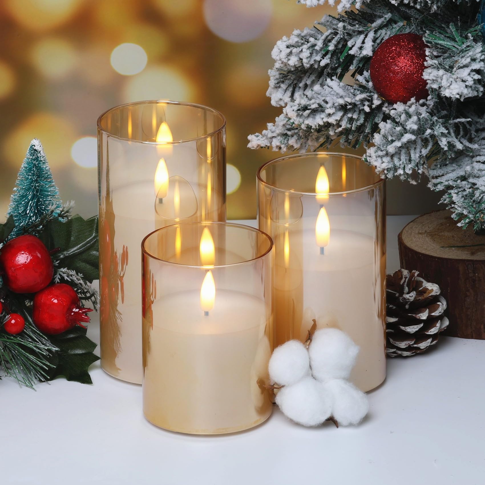 Eywamage Gold Glass Flameless Pillar Candles With Remote, Flickering Battery Led Wax Candles Set Of 3