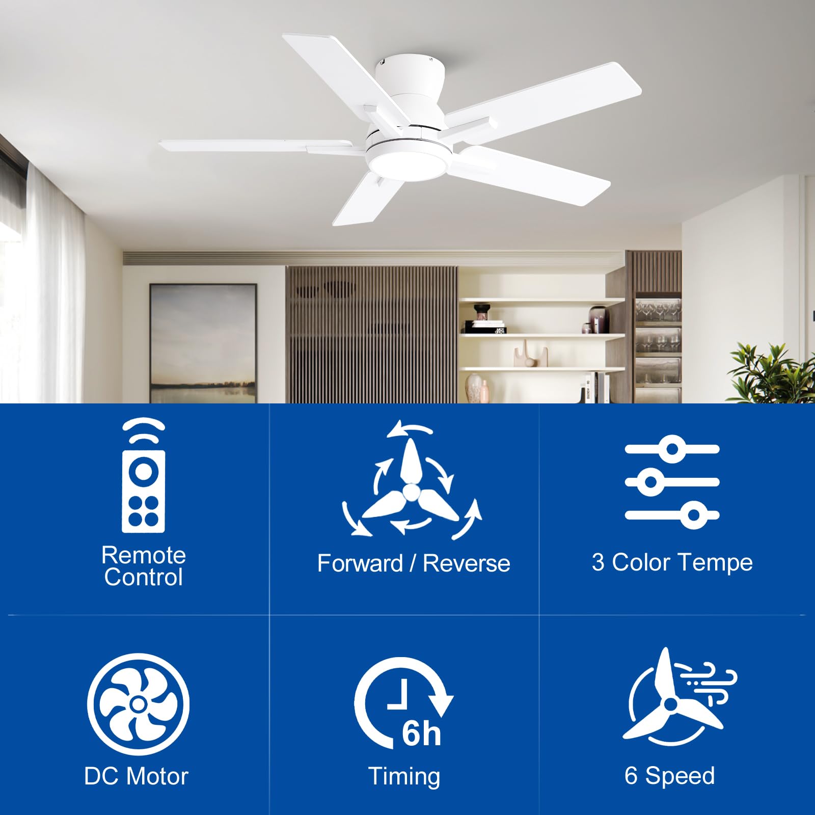 42 Inch Ceiling Fans With Lights,White Low Profile Ceiling Fan With Light And Remote Control,Flush Mount,6 Speed Reversible Dc M