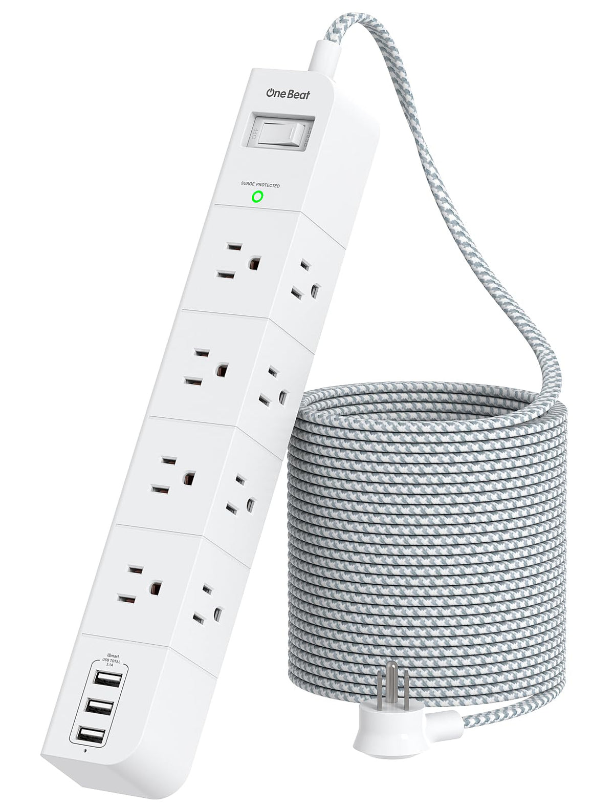 15 Ft Extension Cord, Power Strip Surge Protector   8 Widely Ac Outlets 3 Usb, Flat Plug, Desktop Charging Station With Overload