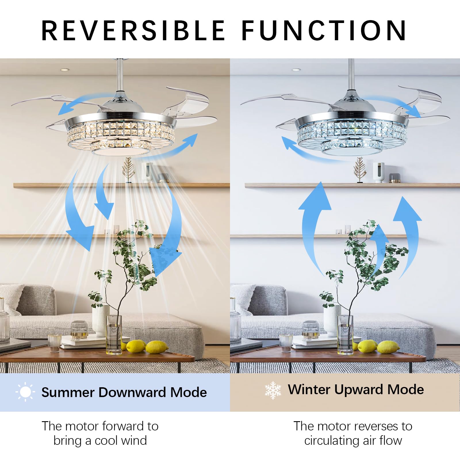 Samphon 42'' Retractable Ceiling Fans With Lights, Crystal Chandelier Ceiling Fan With Remote & App Control, Modern Dimmable Led