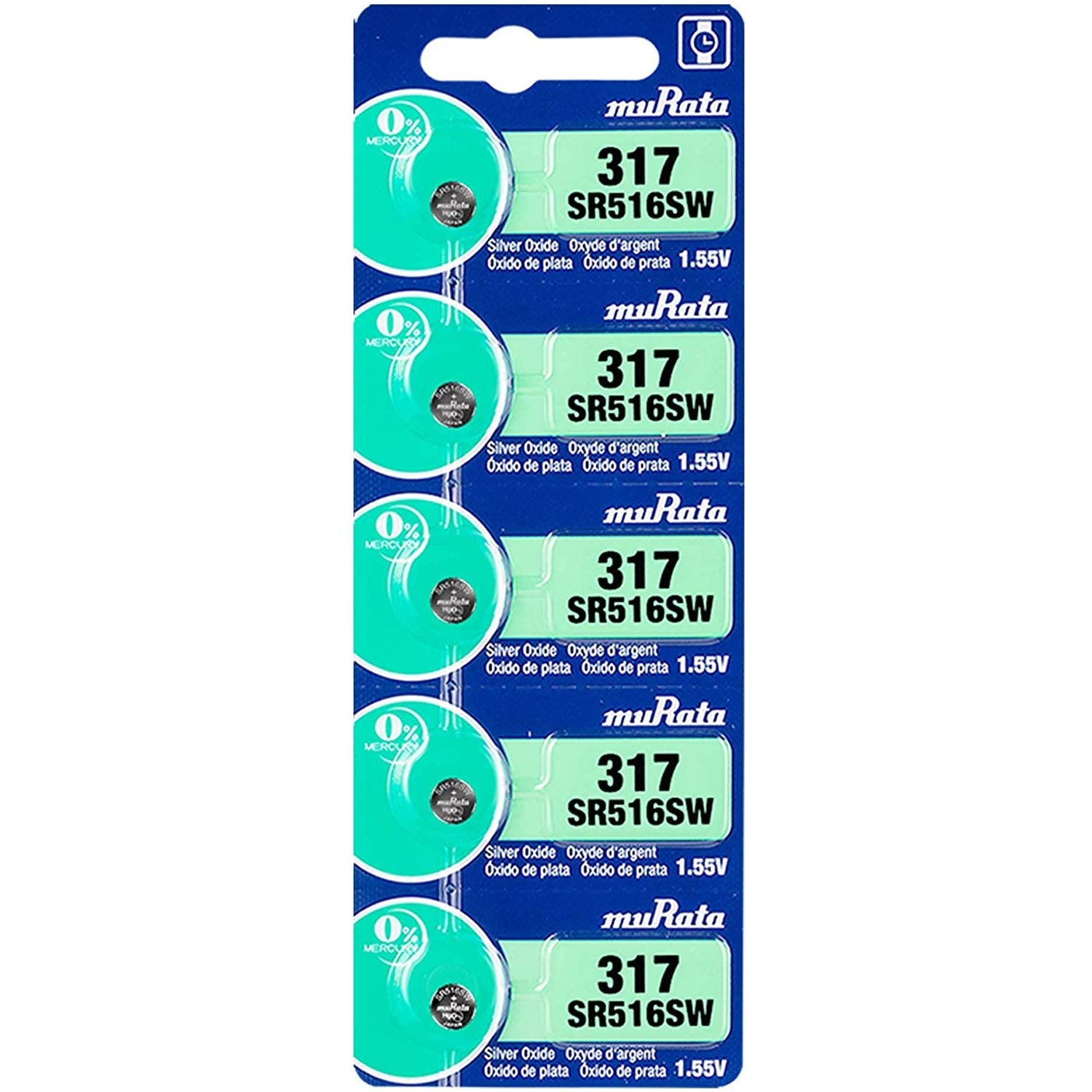 Murata 317 Battery Sr516Sw 1.55V Silver Oxide Watch Button Cell (5 Batteries)