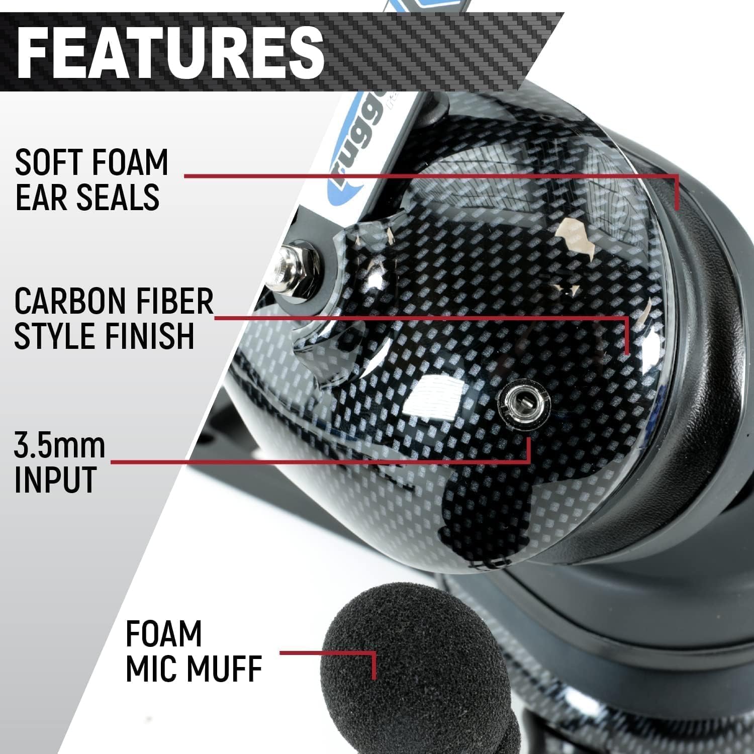 Rugged Carbon Fiber Behind The Head Headset And Adaptor Cable For Intercoms - Features 5-Pin To Off Road Coil Cord And Volume Co