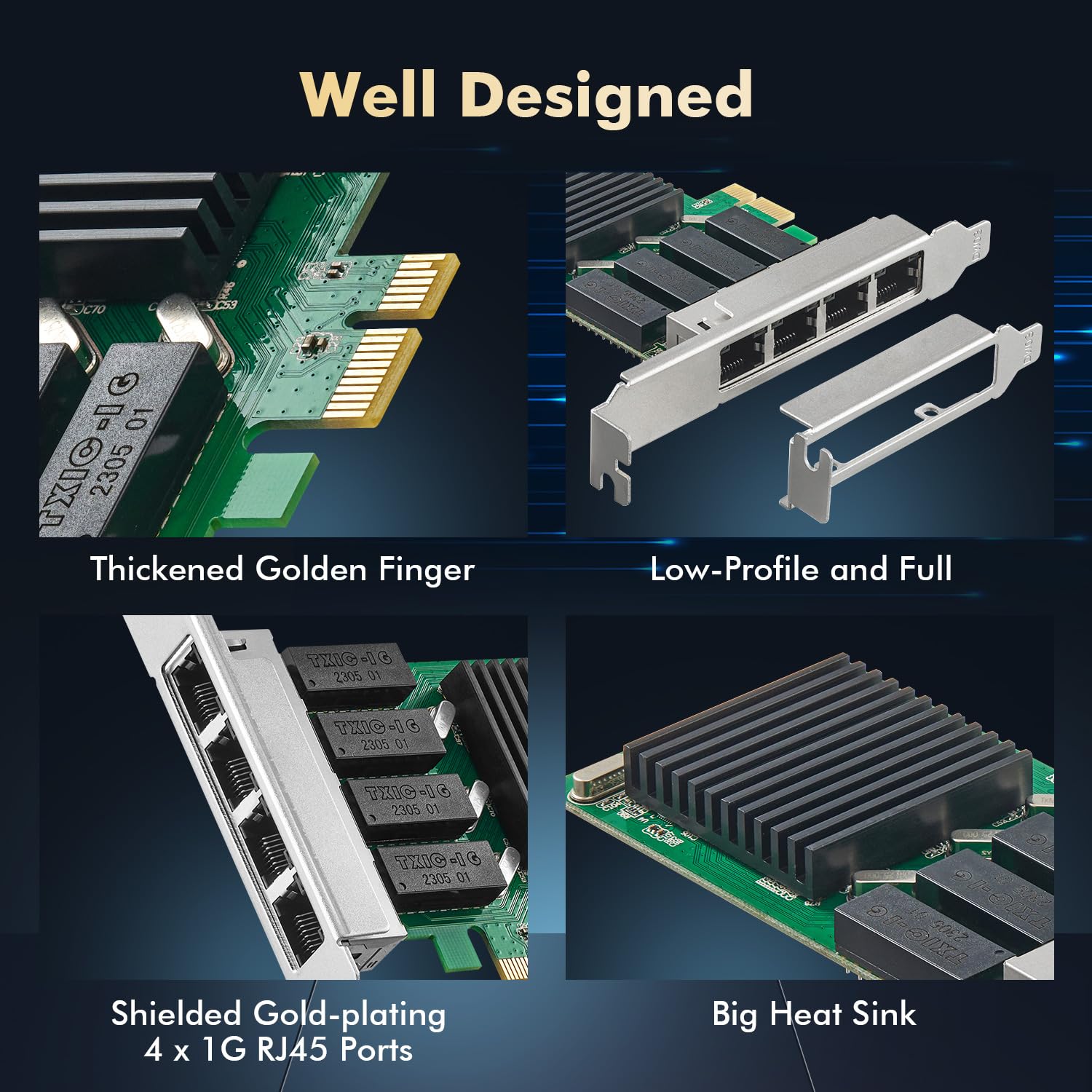 Binardat 4 Port Gigabit Pcie Network Adapter, Realtek Rt8111H Controller 1000/100Mbps Ethernet Lan Nic Card For Windows/Linux/Ma