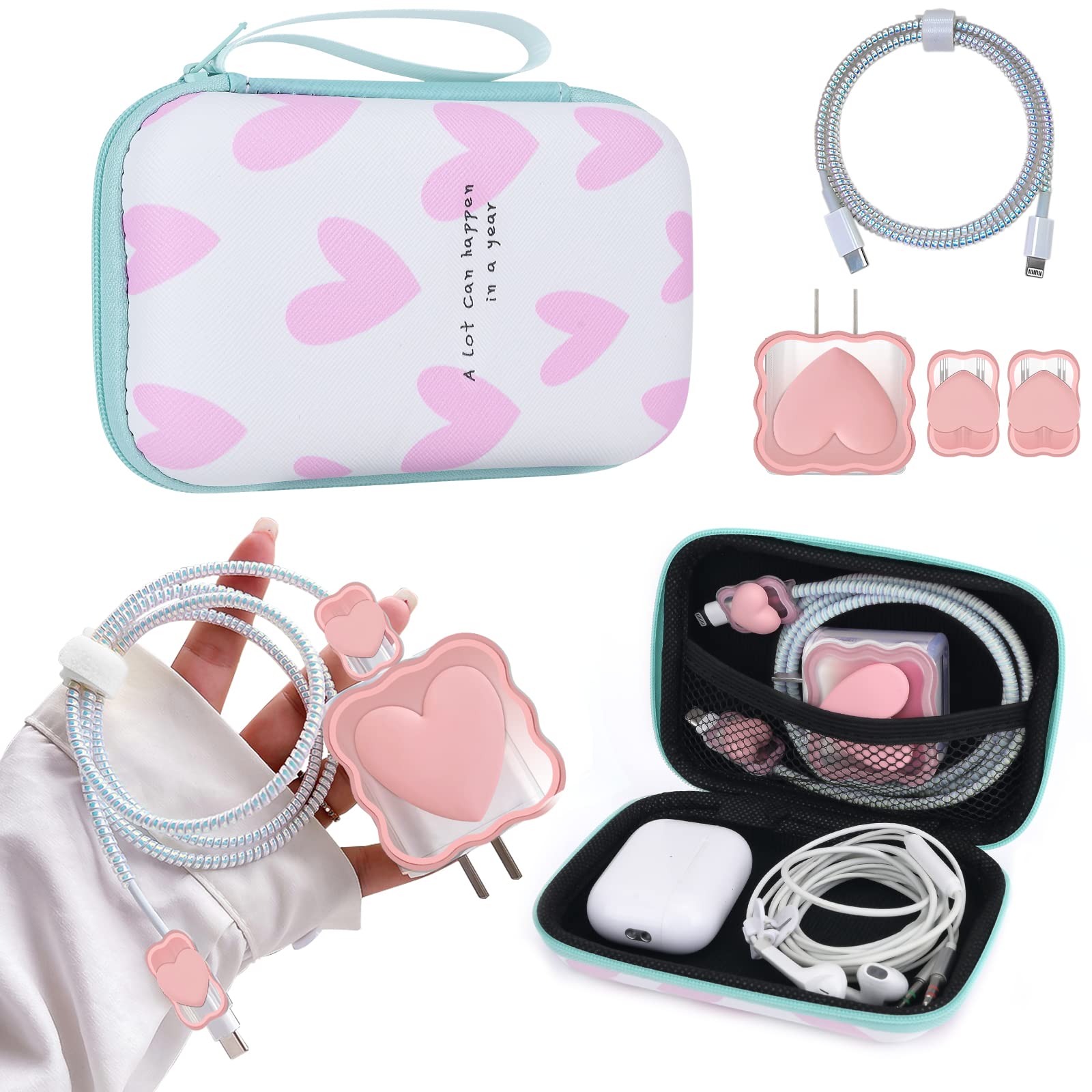 Phone Charger Storage Case Set With Pink Hearts Carrying Case Bag With Cute 3D Love Cable Protector Set, Travel Cable Organizer,