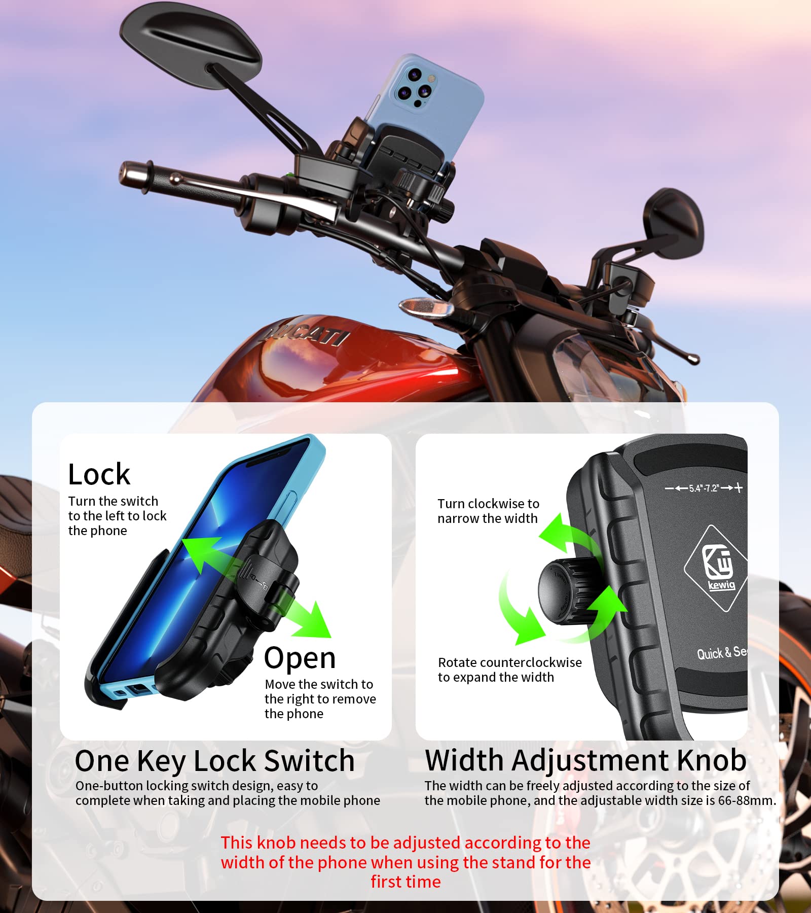 Kewig Motorcycle Phone Mount, Adjustable Handlebar Clip, 360 Rotation, Camera Friendly, Wide Compatible, Secure Phone Holder, Un