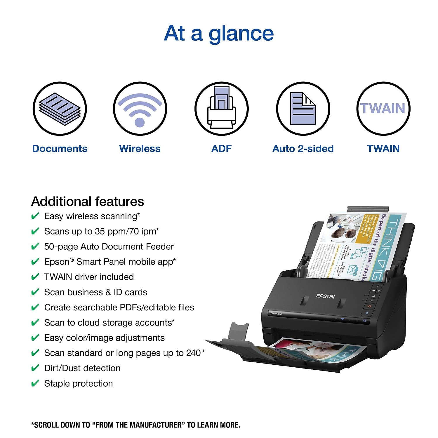 Epson Workforce Es 500W Ii Wireless Color Duplex Desktop Document Scanner For Pc And Mac, With Auto Document Feeder (Adf) And Sc