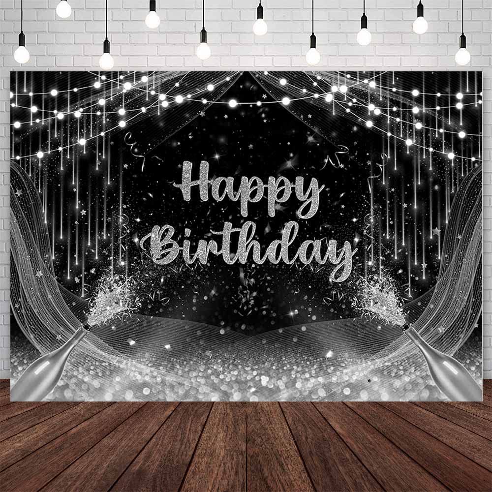 Aibiin 7X5Ft Black And Silver Birthday Backdrop Happy Birthday Photography Background Silver Glitter Birthday Prom Party Decorat