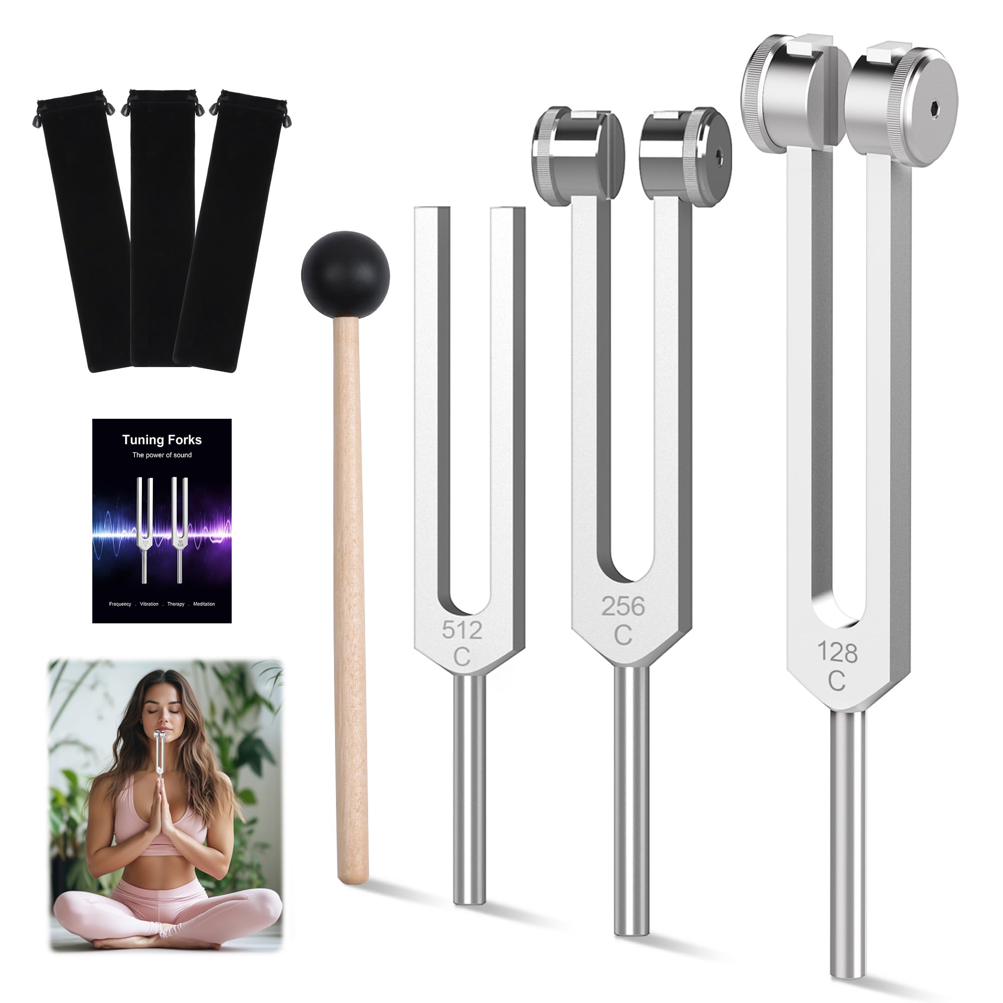 DiDiBirDi Tuning Fork Set 3pcs 128Hz, 256Hz, 512Hz with Accessories for Yoga and Meditation,Relaxing Experience Brought by Sound