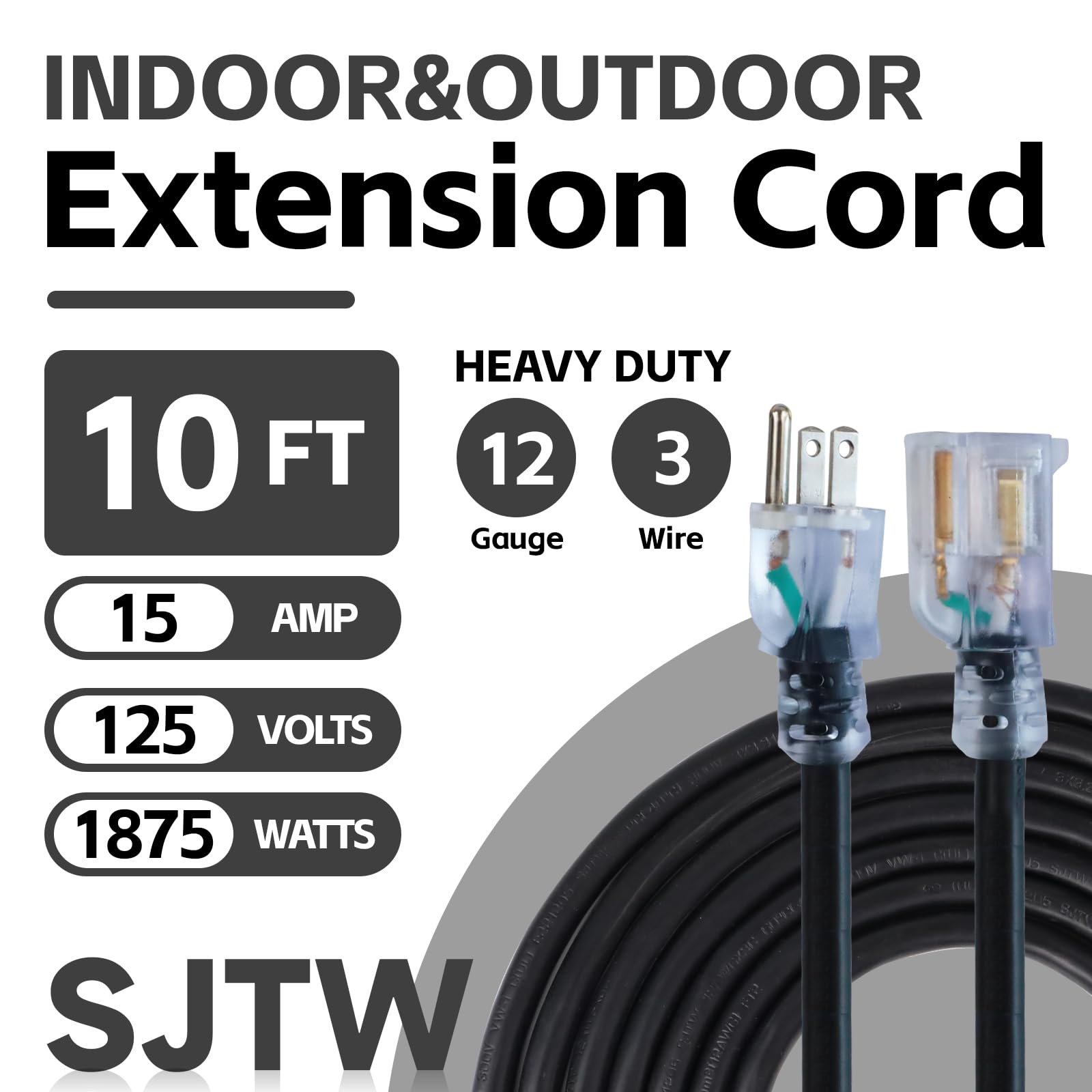 Ultra Explorer Indoor Outdoor Extension Cord Waterproof 10 Ft, 12 Gauge Heavy Duty Black Extension Cord Sjtw, Flexible Cold Resi