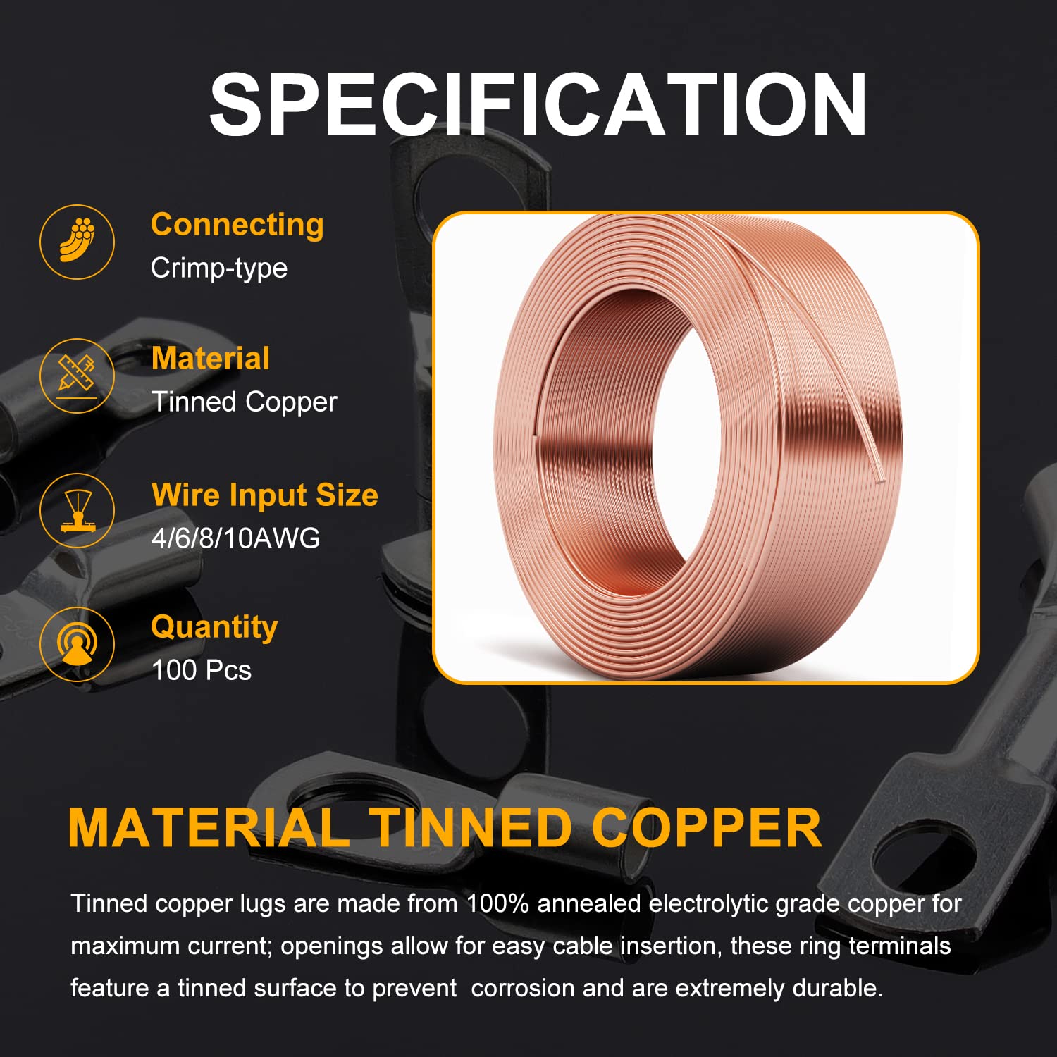 Zhushan 100Pcs Tinned Copper Wire Lugs Kit, Heavy Duty Wire Battery Lugs Cable With 120Pcs Heat Shrink Tube,Crimp Battery Cable