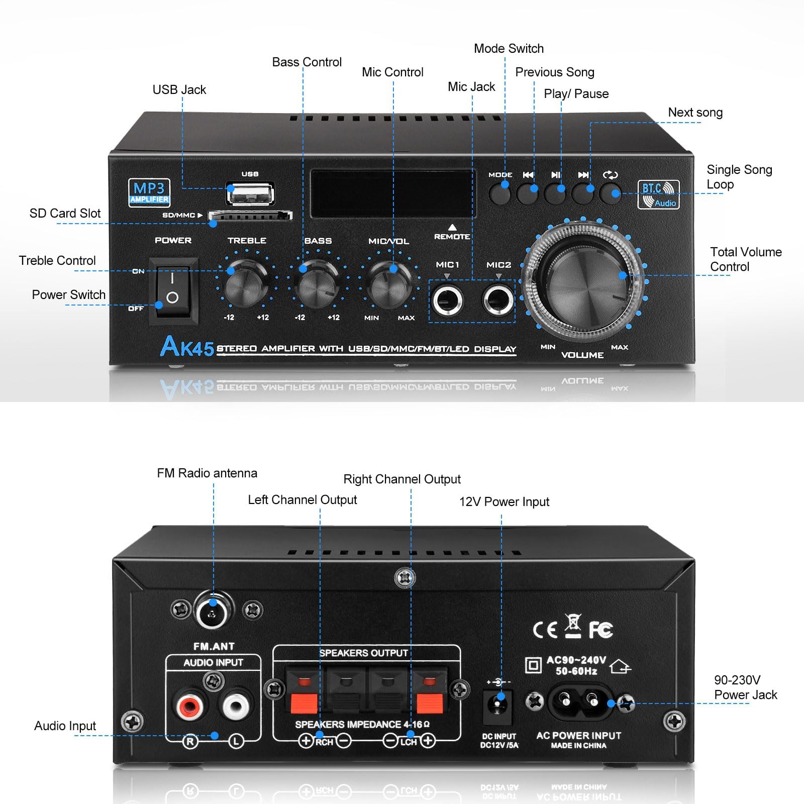 Ak45 Home Audio Power Amplifier With Bluetooth, 100Wx2 Audio Stereo Receiver, Home Amplifiers W/Fm Radio Usb, Aux, Rca, Sd For H