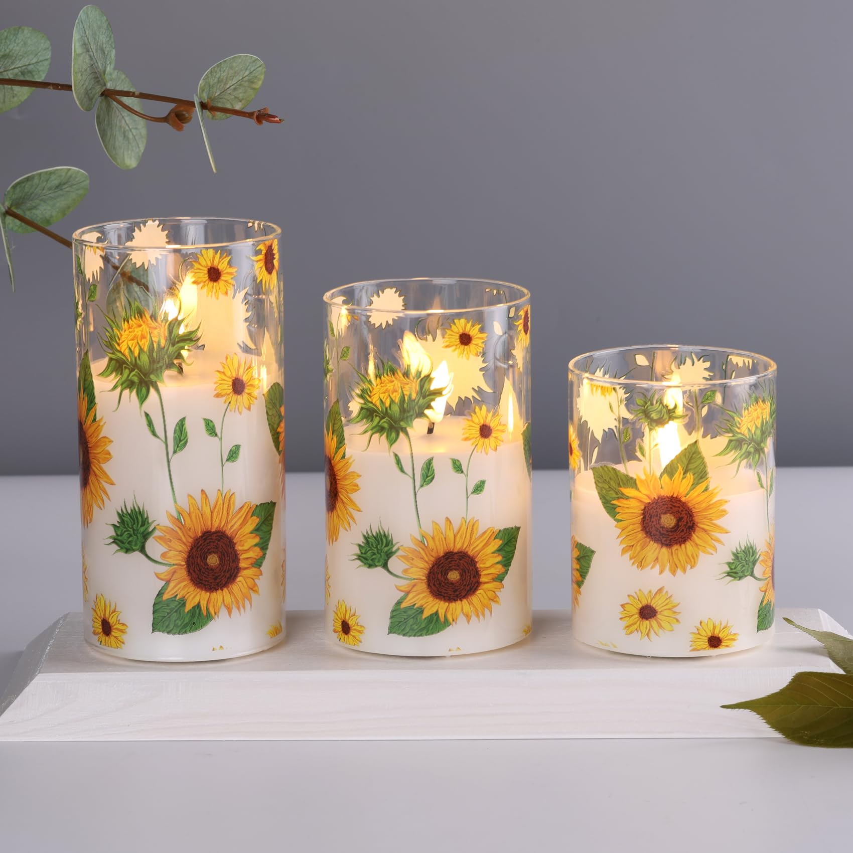 Eywamage Sunflower Flameless Candles In Glass Jars, Flickering Battery Led Pillar Candles With Remote Set Of 3