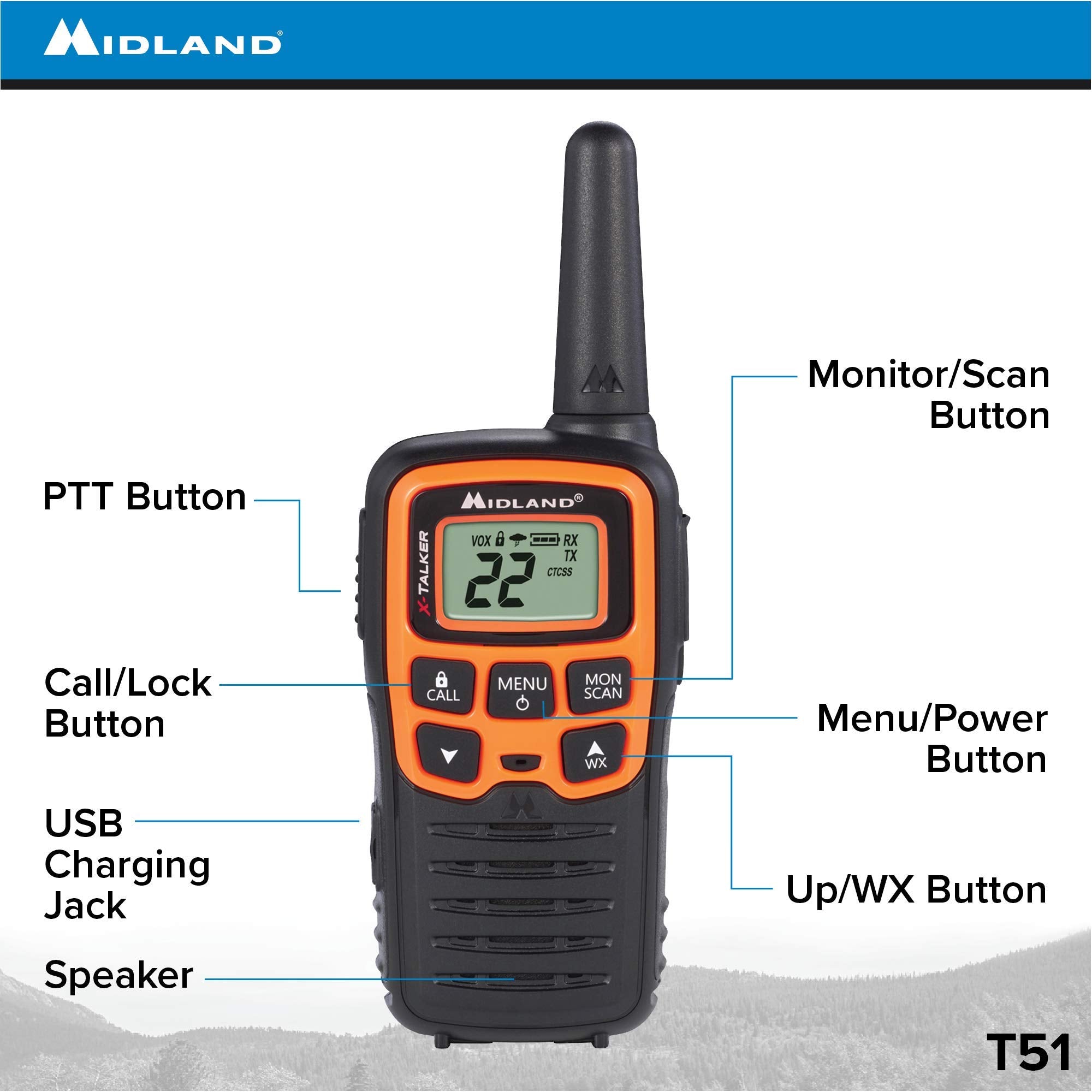 Midland T51Vp3 22 Channel Frs Walkie Talkie   Up To 28 Mile Range Two Way Radio   Orange/Black (Pack Of 12)