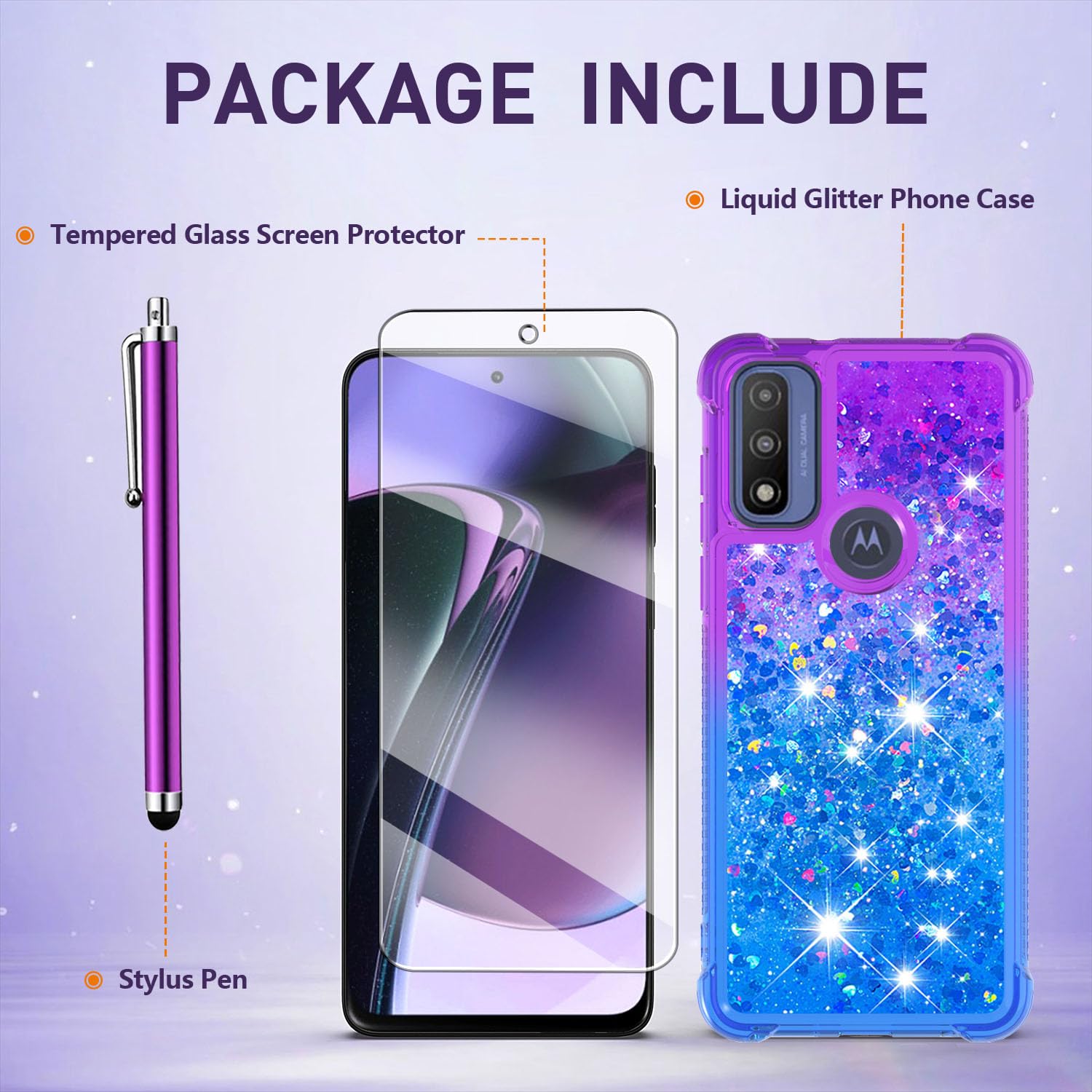 Caiyunl For Moto G Play 2023 Phone Case, Moto G Power 2022 / Moto G Pure Case With Screen Protector, Women Girls Glitter Bling F