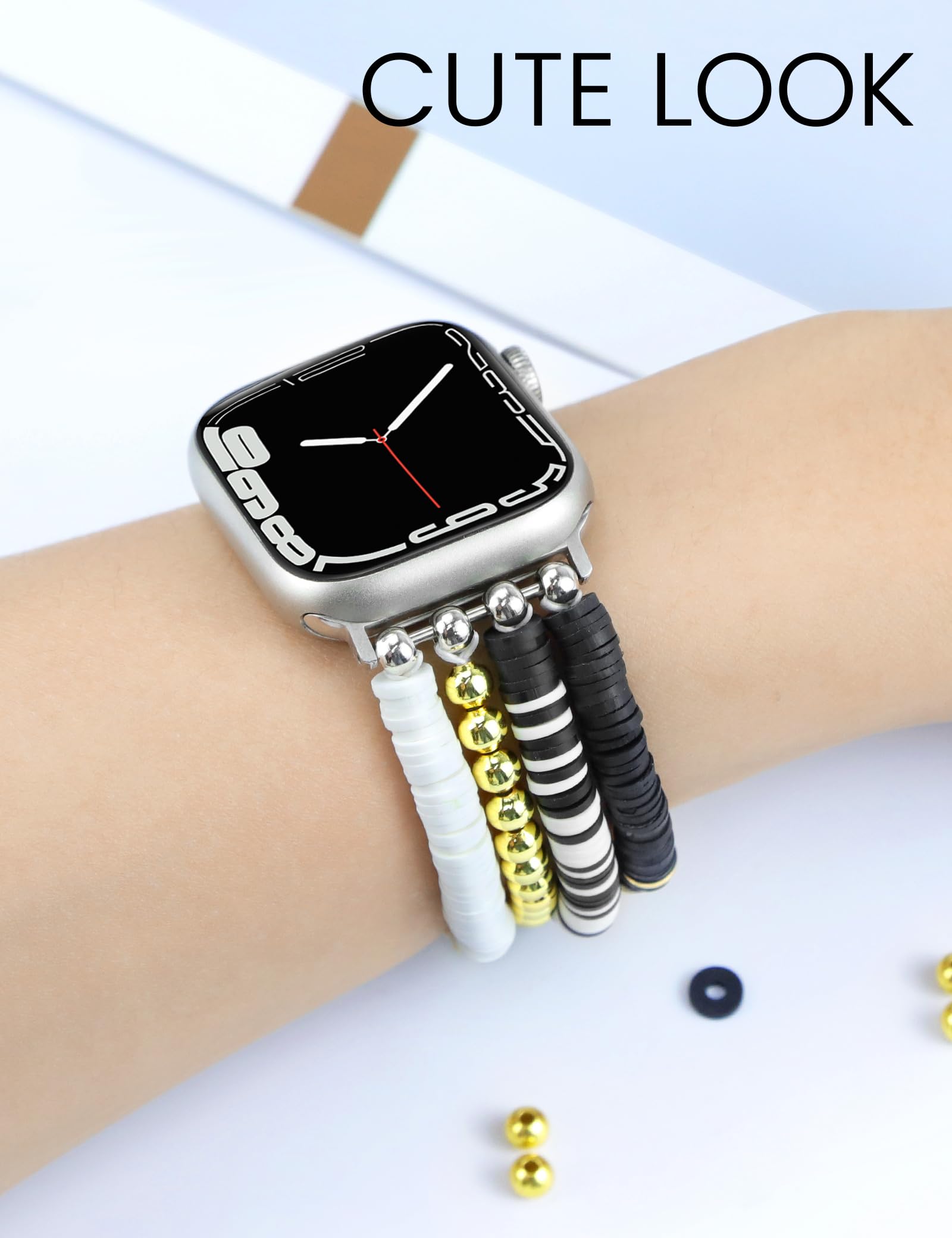 Jr.Dm Beaded Bracelet Compatible With Apple Watch 40Mm 38Mm 41Mm 42Mm 44Mm 45Mm 46Mm For Women, Cute Stretchy Gold Bead Fancy Je