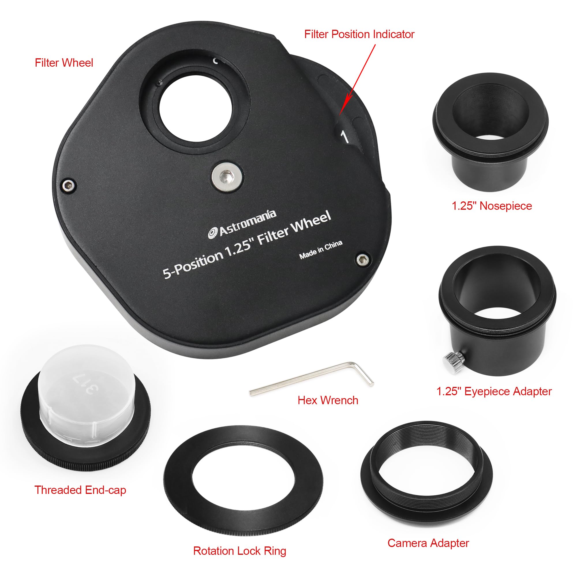 Astromania 1.25'' Multiple 5 Position Filter Wheel For Telescope