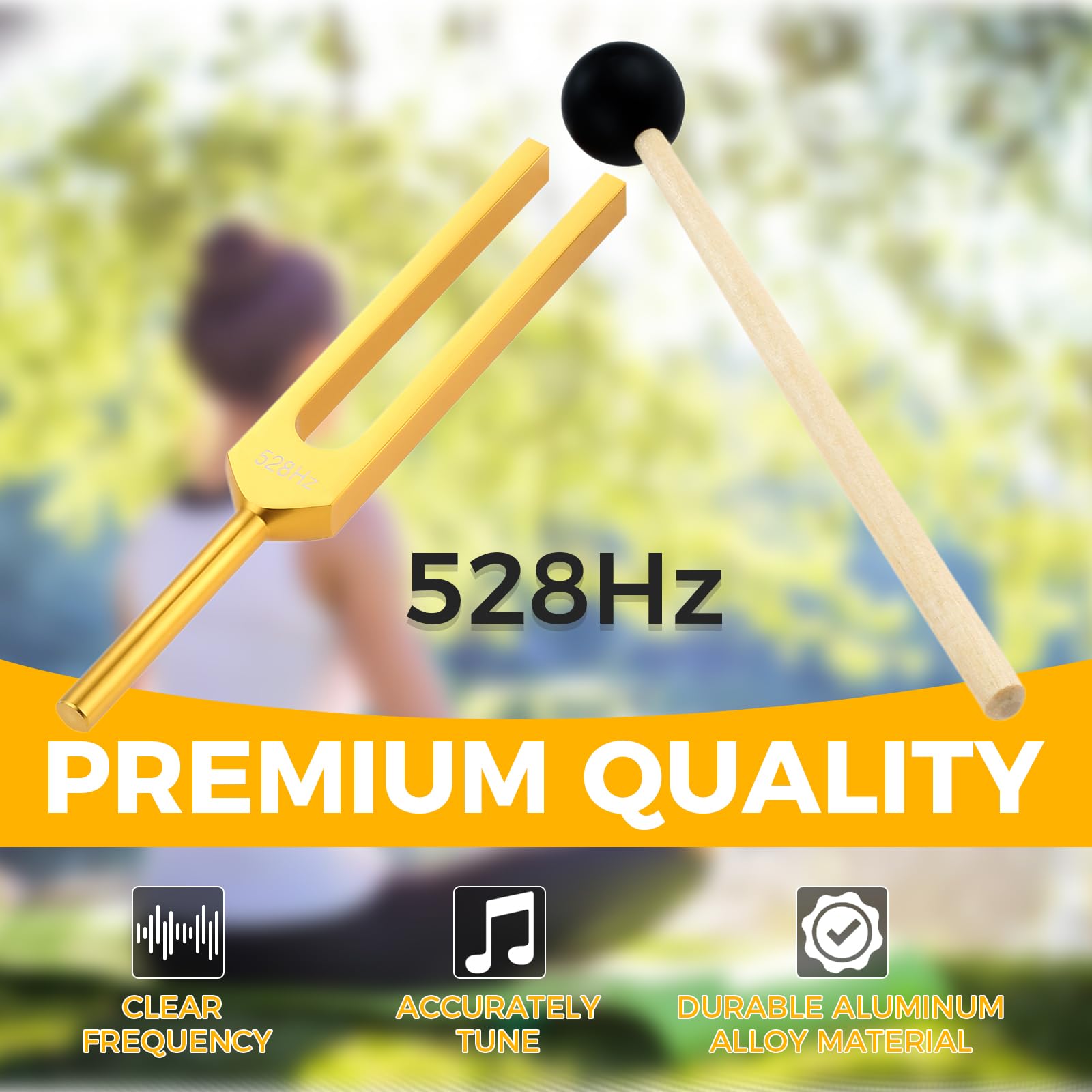 Dreld 528 Hz Tuning Fork, Golden Solfeggio Tuning Forks 528 Hz For Musical Instrument, Meditation Silicone Hammer, Cleaning Clot