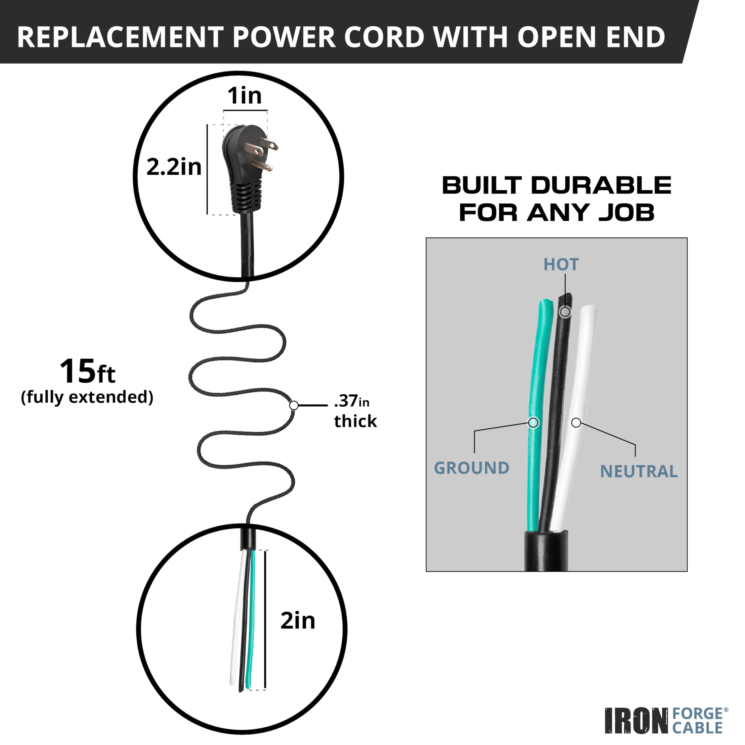 Iron Forge Cable 15 Amp Flat Plug Power Cord Replacement 15 Ft With Open End, 14 Gauge Slim Plug Replacement Cord 3 Prong, 14/3