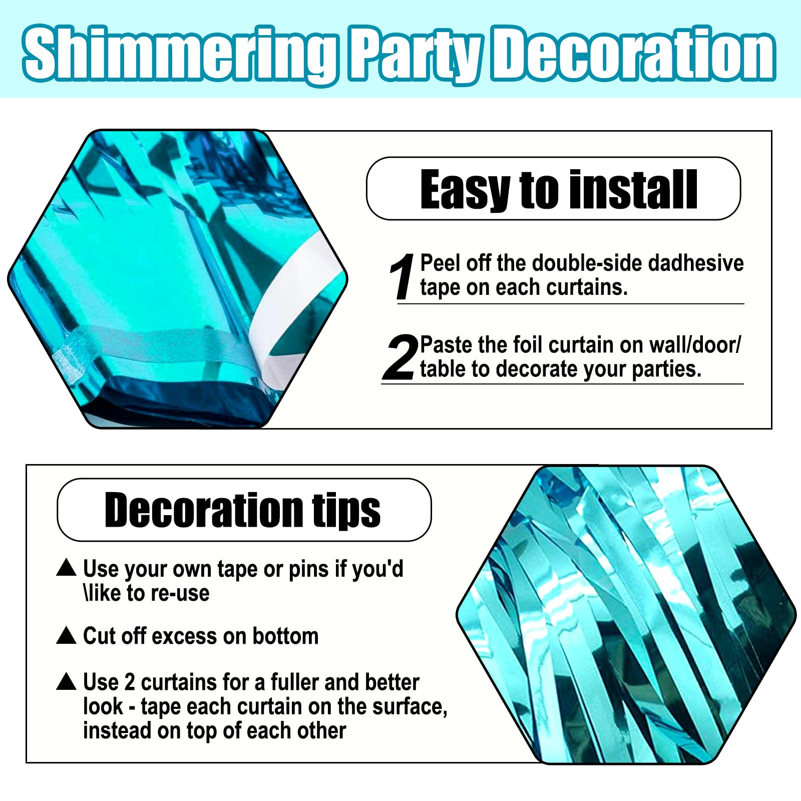 3 Pack Lake Blue Foil Fringe Curtain Backdrop, 3.28Ft X 8.2Ft Metallic Tinsel Foil Fringe Streamer Curtains For Photo Booth, Chr