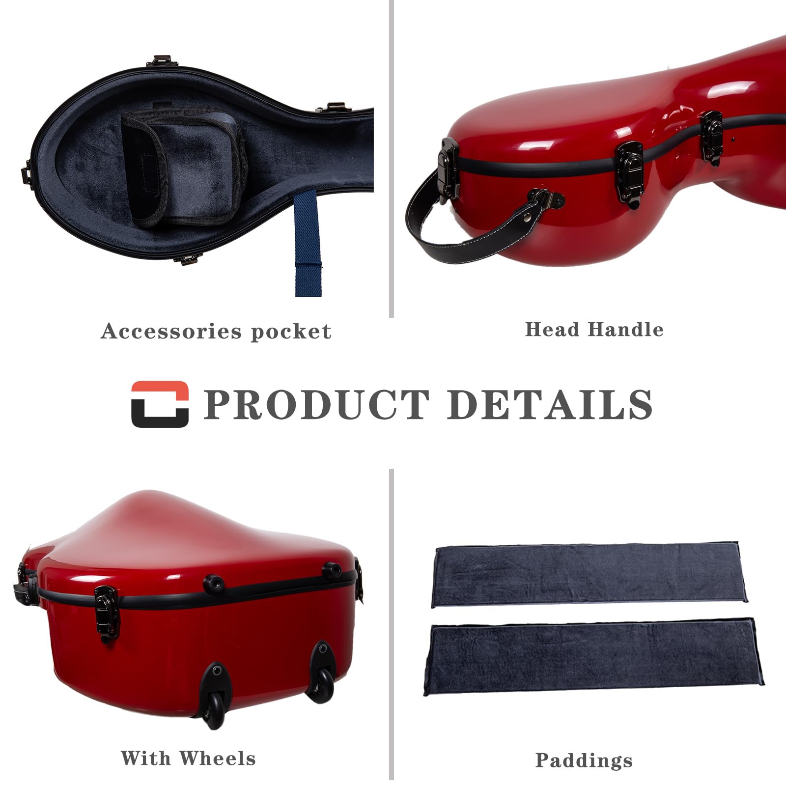 Crossrock Fiberglass Cello Case With Wheels - Fits 4/4 Full Size Cellos - Includes Padded Music Pouch, 3 Handles, Removable Shou