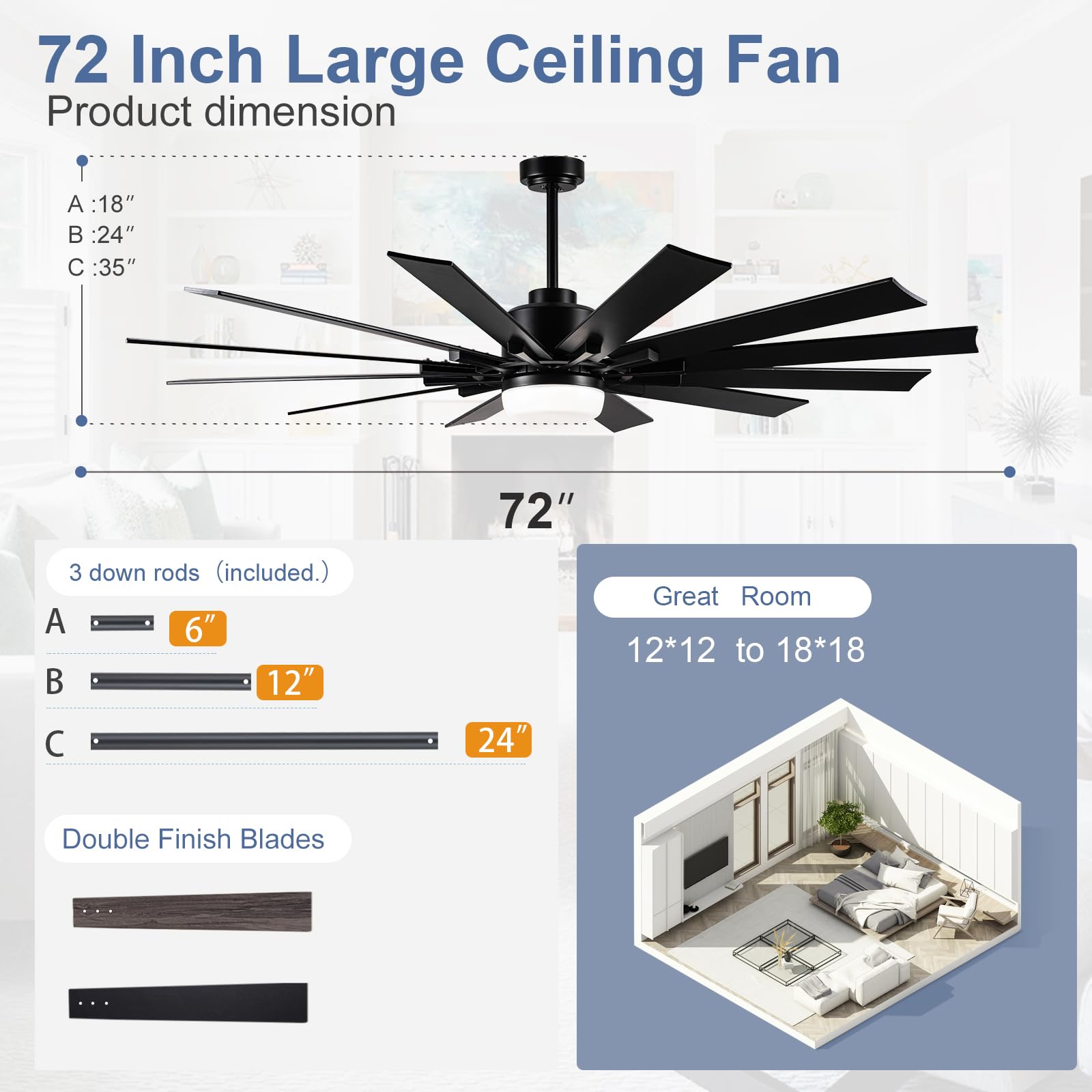 72 Inch Large Ceiling Fan With Light,12 Blades Reversible Dc Ceiling Fan,6 Speeds Remote Control,Dimmable 3 Color Temperatures L