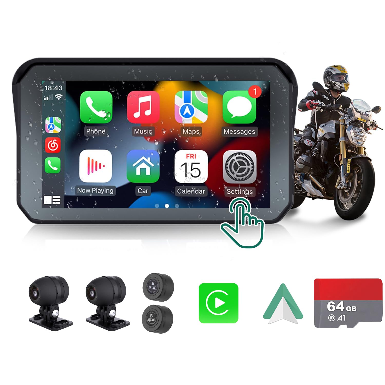 Motorcycle Dvr: Wireless Apple Carplay, Android Auto, Tpms, Dual Hd 1080P Cameras, Gps, G Sensor, Siri & Google Voice, 5 Inch Ip
