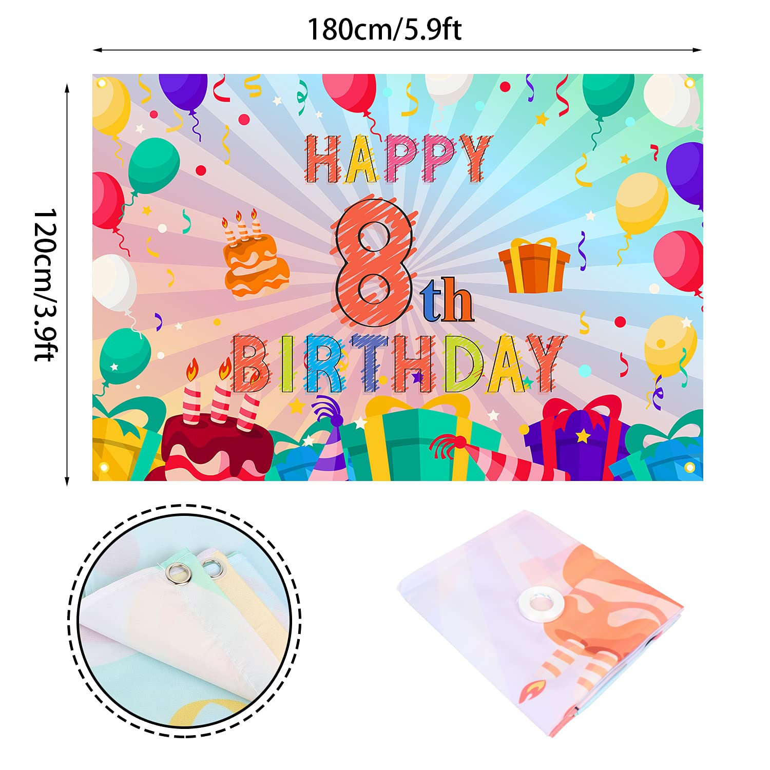 Happy 8Th Birthday Colorful Banner Backdrop Rainbow Color Art 8 Years Old Party Background Decorations For Girls Boys Kids Bday