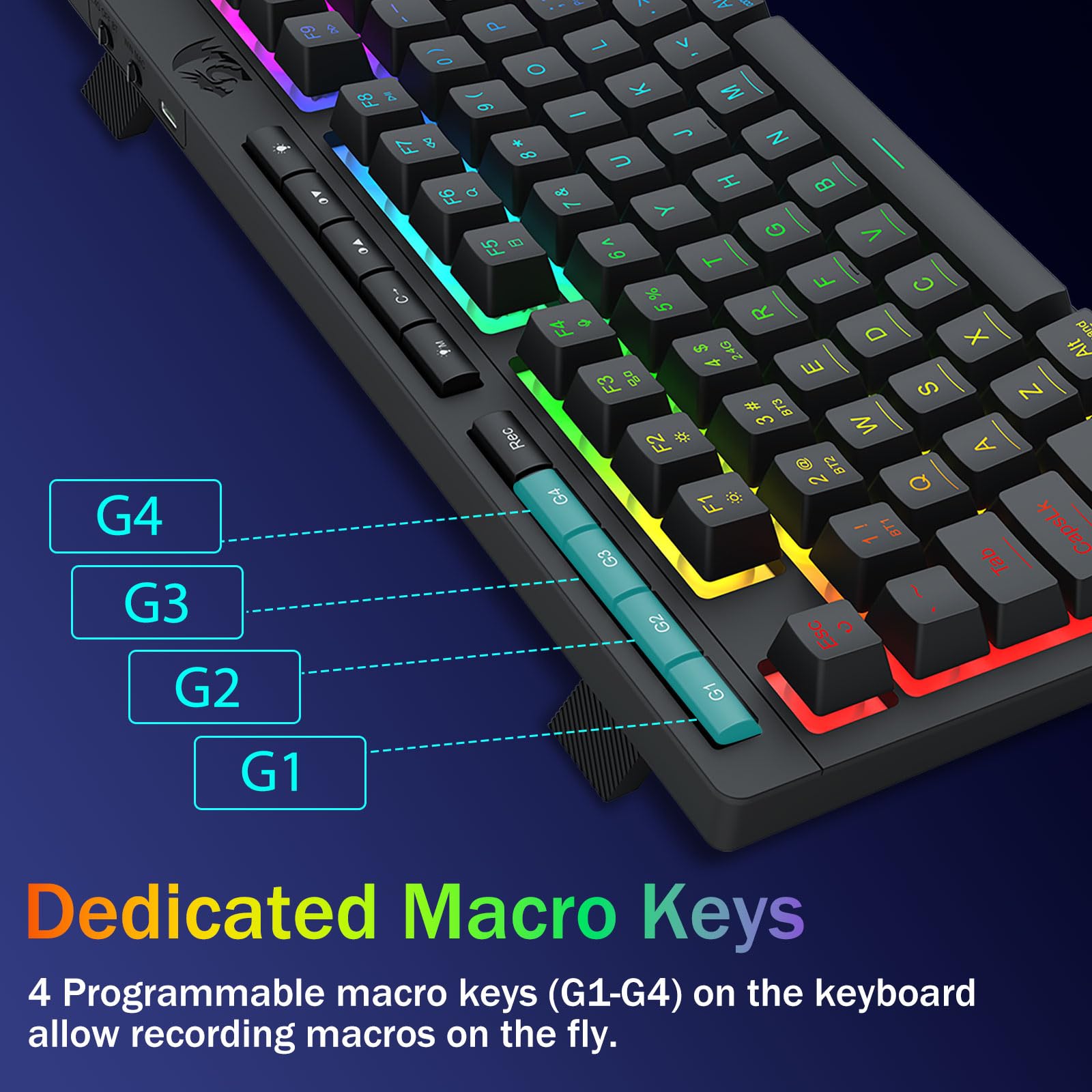 Redragon Portable Wireless Gaming Keyboard, Extra On-Board Macro Keys, Bluetooth/2.4Ghz/Usb-C, Rgb Backlit, Anti-Ghosting, Recha