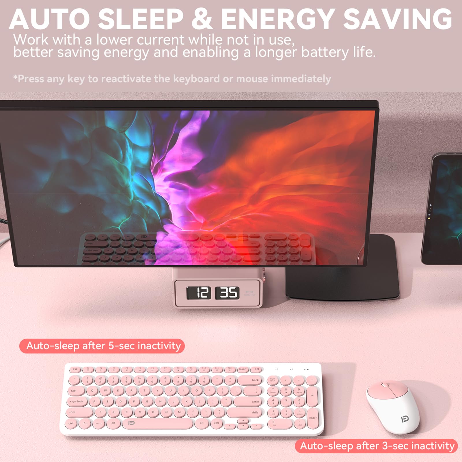 Fd Ik6630 Wireless Keyboard And Mouse Combo   2.4Ghz Usb Cordless, Cute Round Keys, Quiet And Slim Set For Laptop, Computer, Tv,