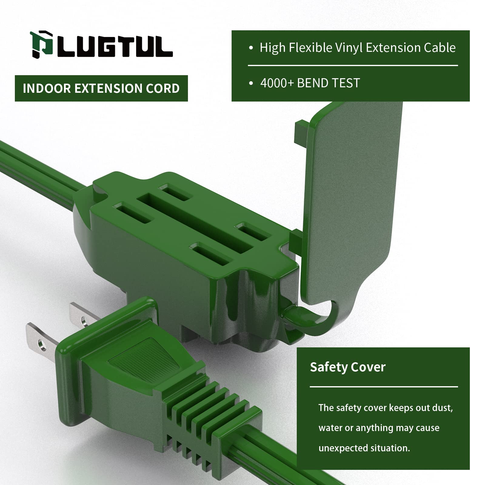 Plugtul Indoor Green Extension Cord 12 Feet, 3 Outlet Household Extension Cord, 2 Prong, 16 Gauge, 3 Polarized Outlets With Safe