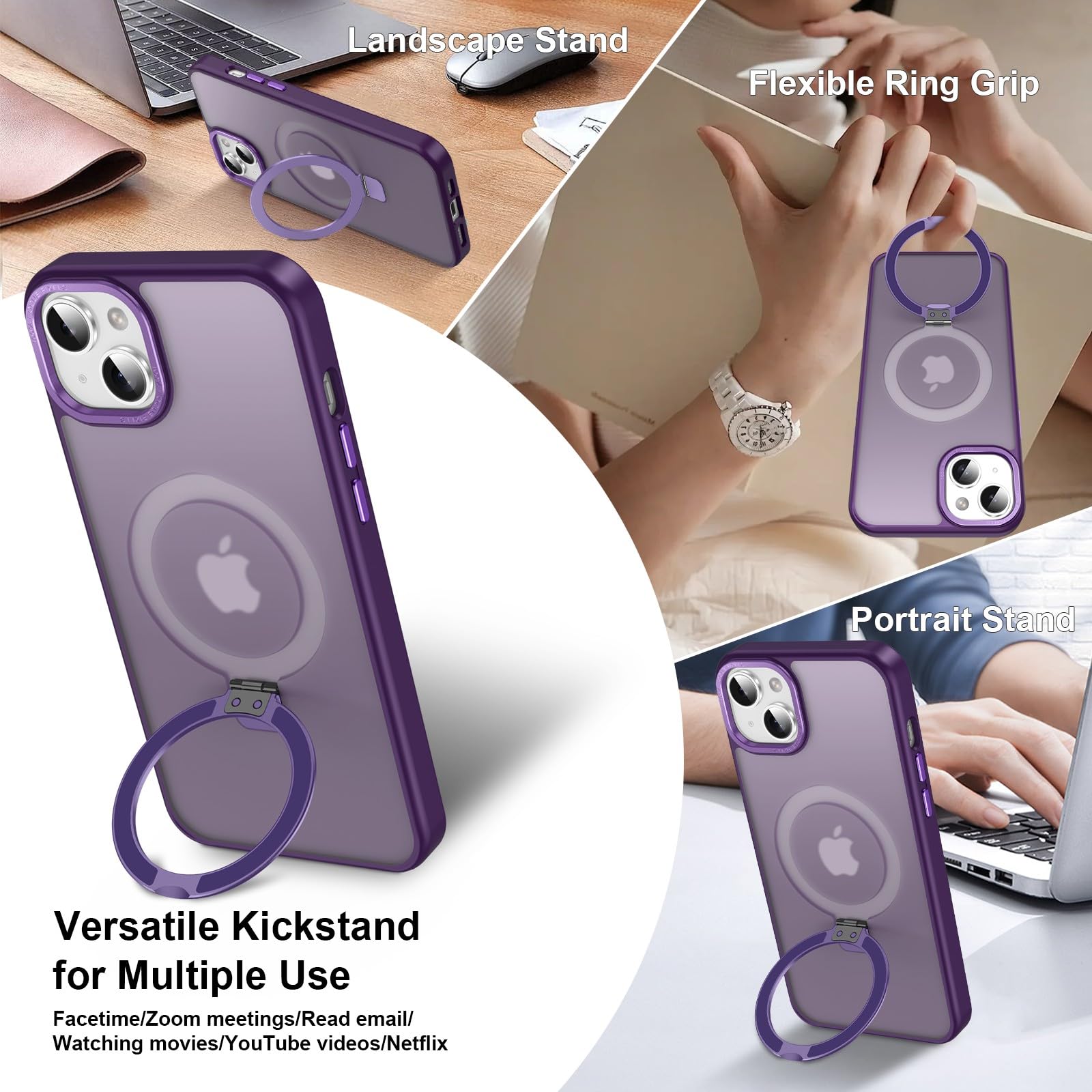 Lufanbis Magnetic For Iphone 14 Plus Case With Ring Stand, [10 Ft Drop Protection] [Velvety Touch] Slim Translucent Matte Back S