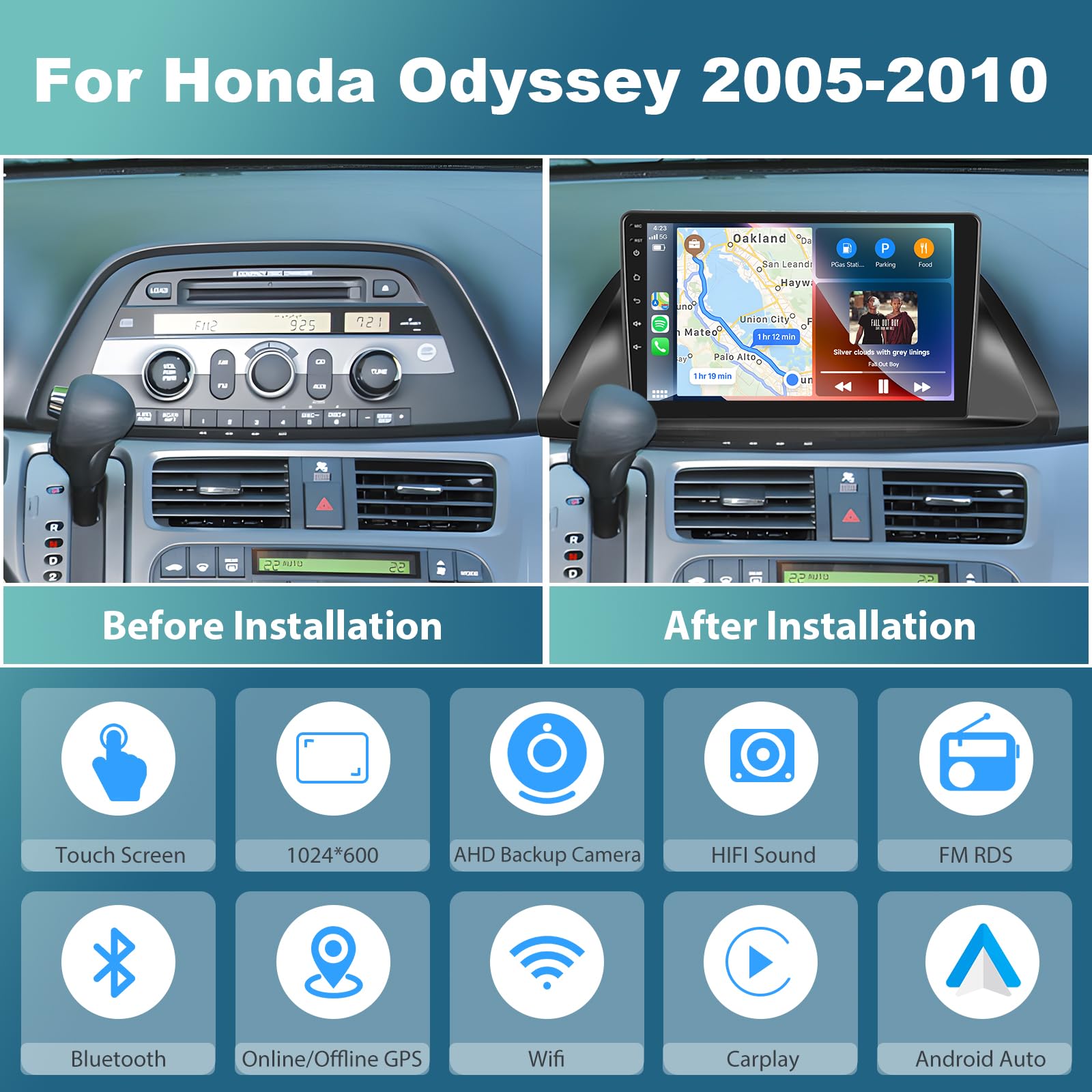 For Honda Odyssey 2005 2010 Android Car Stereo Support Wireless Carplay&Android Auto With 10.1 Inch Touchscreen Gps Navigation Bluetooth Usb Wifi Fm/Rds Radio Receiver Backup Camera Head Unit 2+64G
