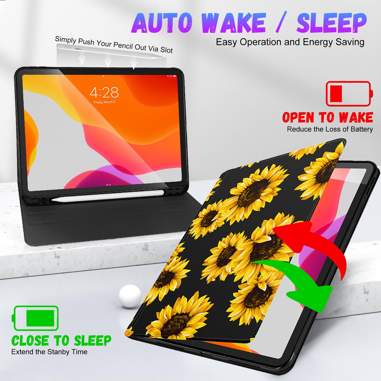 Uppuppy For Ipad Air 11 Inch Case, Air 5Th/4Th Generation 10.9, Pro 11'' Case Cute Kids Women Girls Folio Sunflower With Apple P