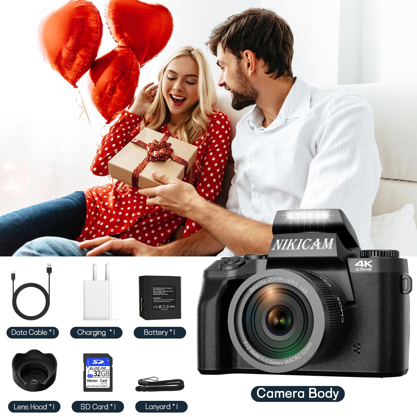 Digital Cameras For Photography, Nikicam 4K 64Mp Wifi Vlogging Camera For Youtube With Dual Camera, 4'' Touch Screen Compact Cam