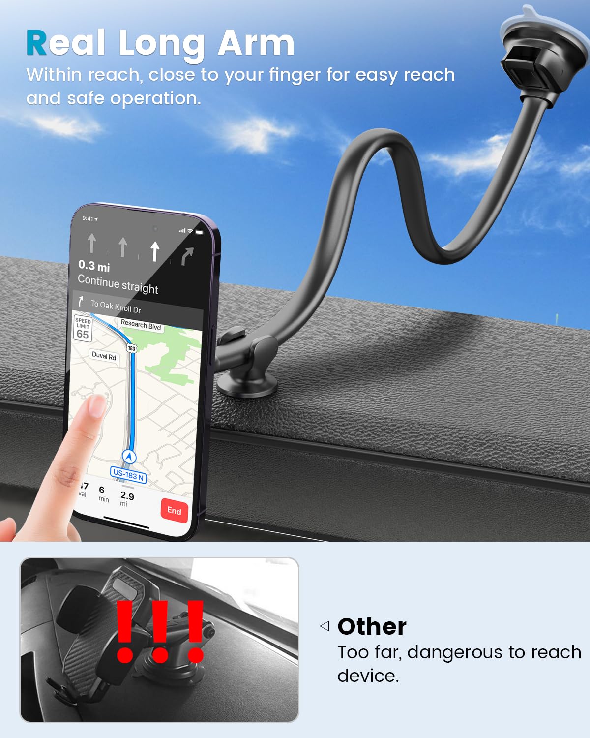 Apps2Car For Magsafe Car Mount Magnetic Phone Holder Upgraded 13-Inch Long Arm Suction Cup Windshield Mount Fits Iphone 16 Pro M