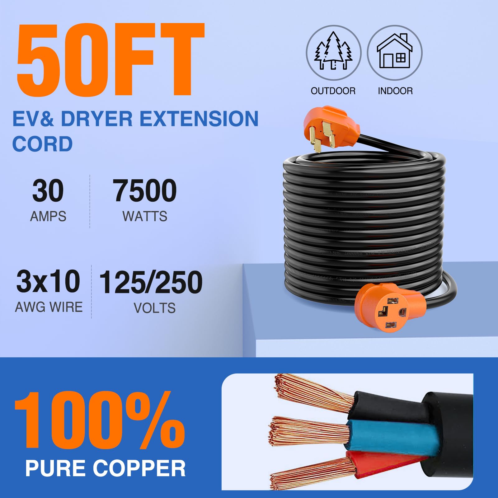 Nilight 50Ft Ev Dryer Extension Cord 3 Prong 30 Amp Nema 10 30P 10 30R Old Dryer Extension Cable Heavy Duty 10 Gauge Pure Copper