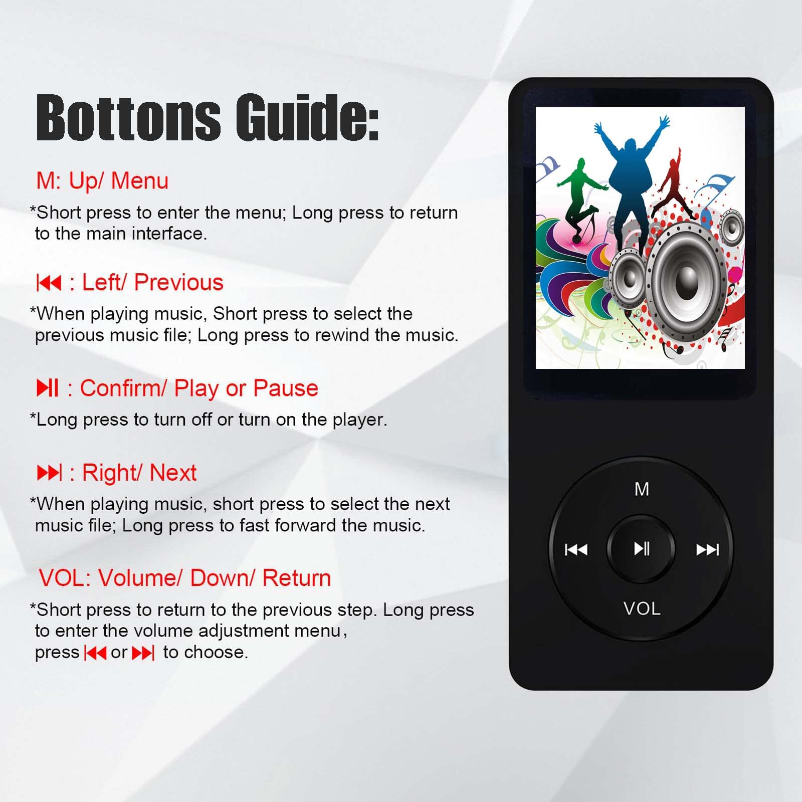 imkavery 64GB MP3 Player - Portable Music Player with Speaker, Earphones, Video & Voice Recording, E-Book - Black, Model MP20