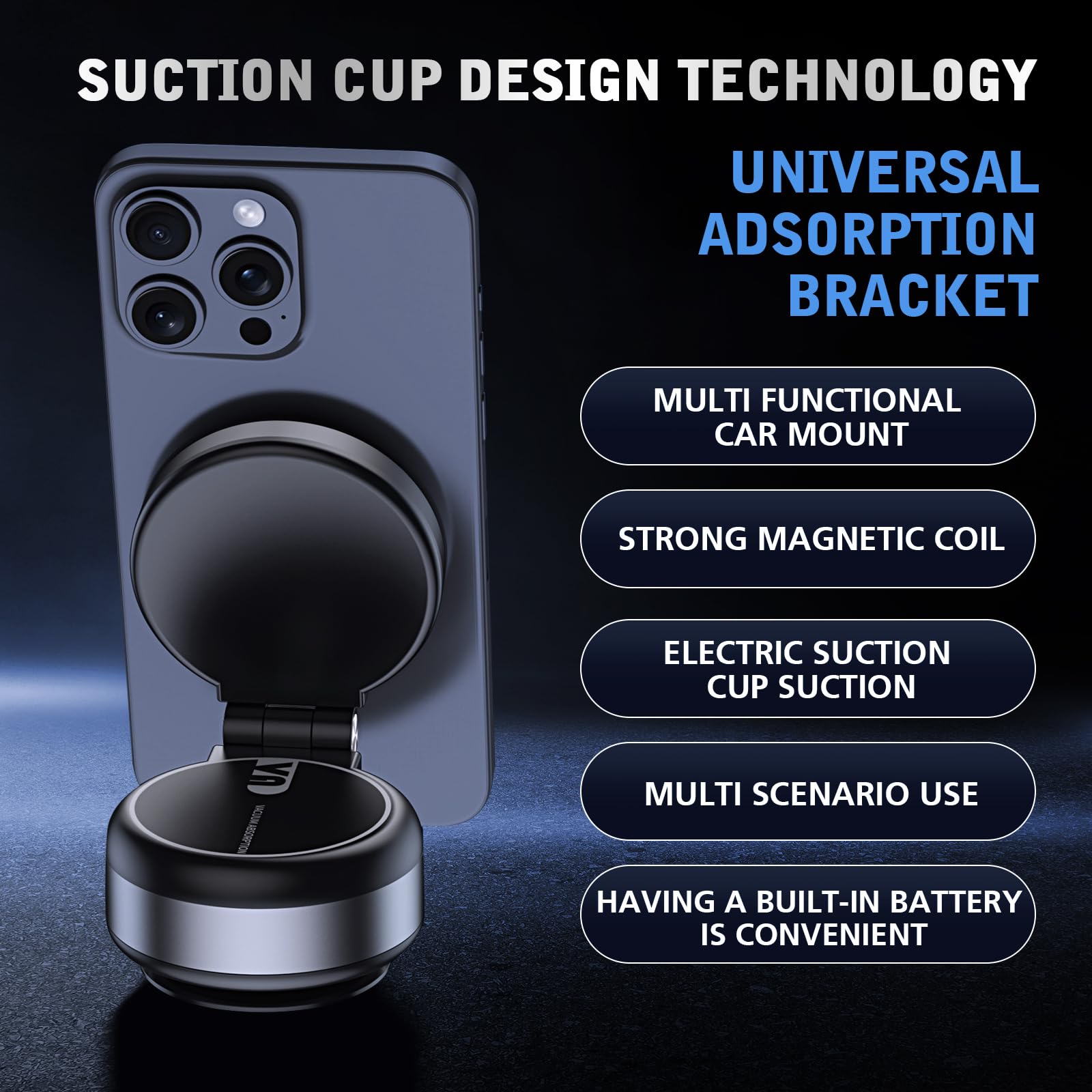 Hepanio Electric Vacuum Magnetic Suction Phone Holder,Adjustable Suction Cup Phone Mount For Car,Foldable Smart Double-Sided Mag