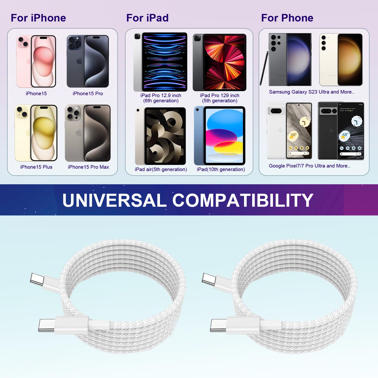 60W Usb C To C Charging Cable 10Ft,Ipad Charger Cable,Long Fast Type C To C Charger Cord(2Pack) For Apple Iphone 15/15 Pro Max/1