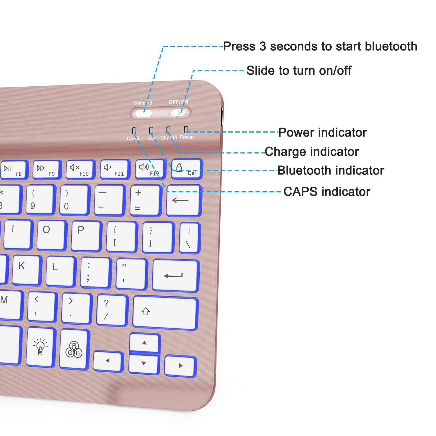 Omoton Bluetooth Keyboard, Wireless Rechargeable Keyboard For Ipad, Ipad Pro, Ipad Mini, Ipad Air With Illuminated Led (Rose Gold)