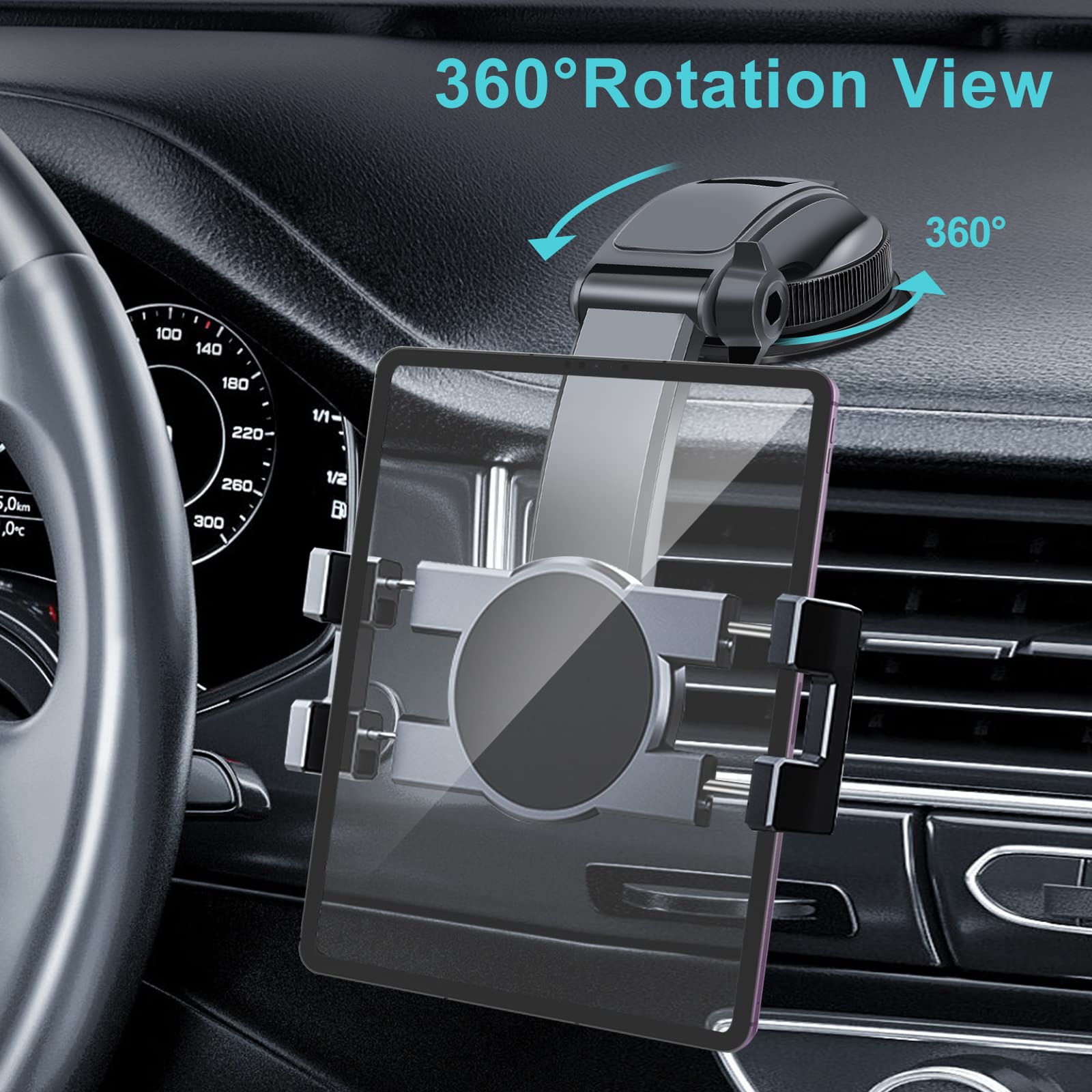 Car Dashboard Tablet Mount Holder, 360 Rotatable Suction Cup With Large Clamp Dash Phone Stand For Ipad Pro 12.9/9.7/11/10.5/Air