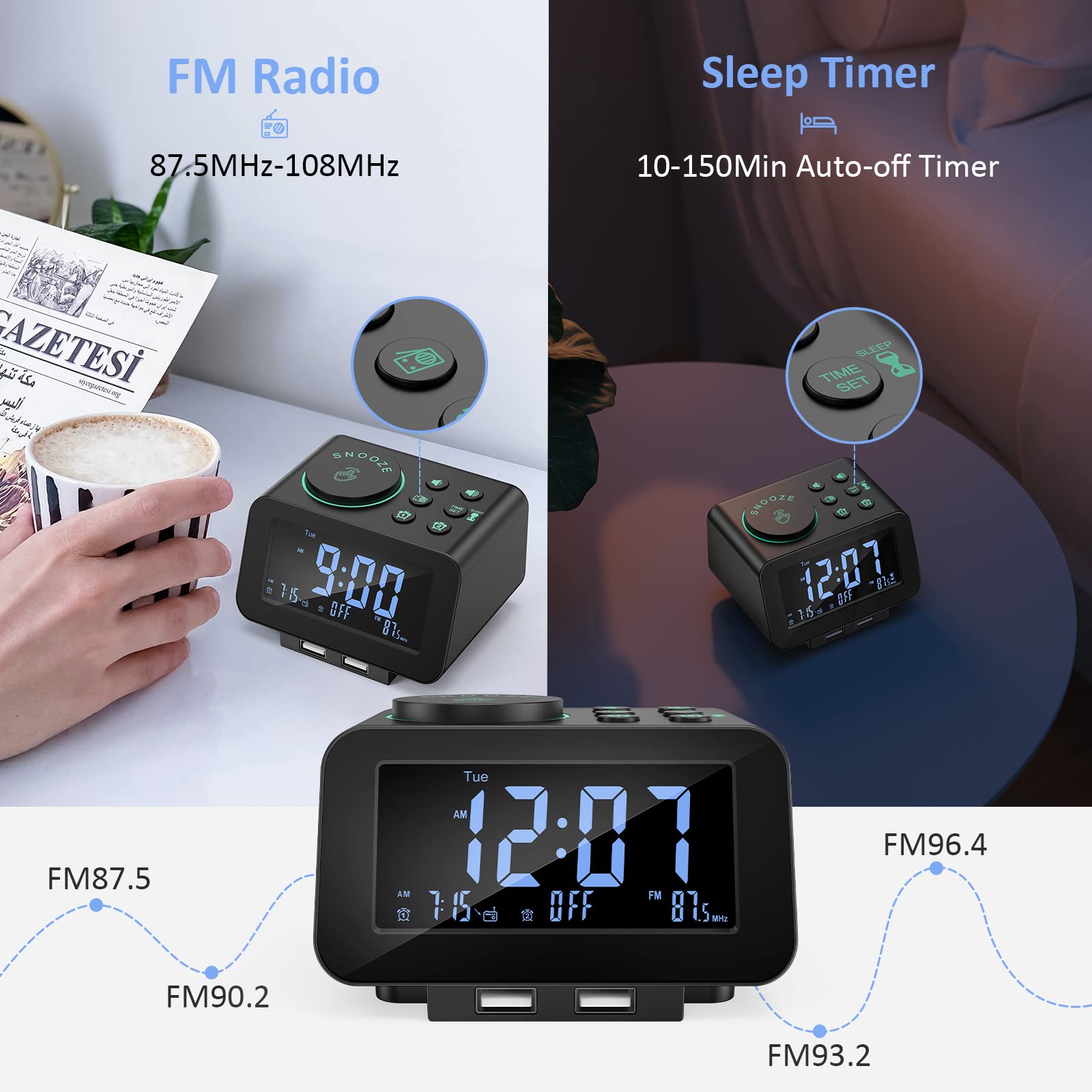 Uscce Digital Dual Alarm Clock Radio   0 100% Dimmer With Weekday/Weekend Mode, 6 Sounds Adjustable Volume, Fm Radio W/Sleep Tim