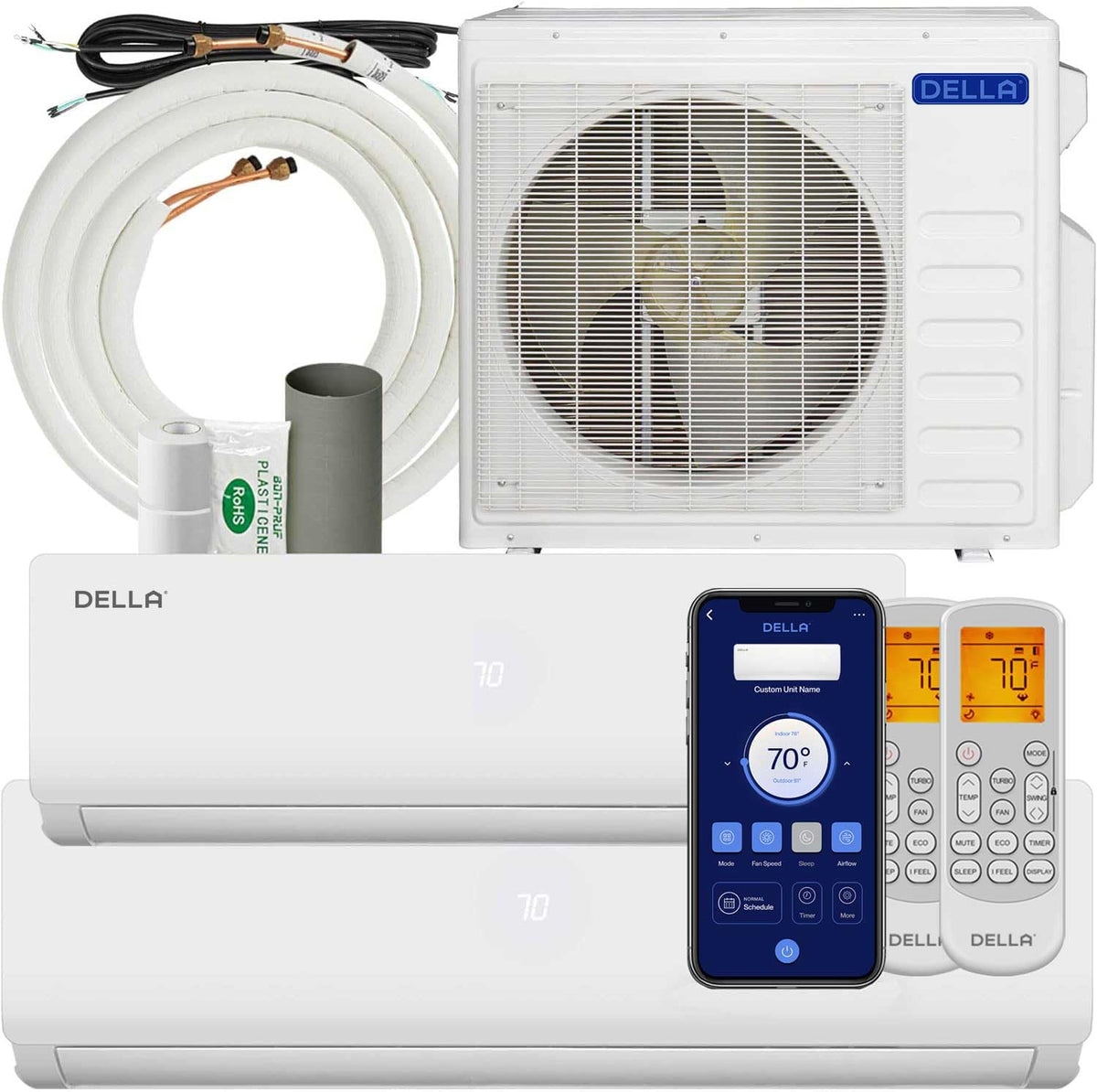 Della 27K Btu Odu 2 Dual Zone 9000 18000 Btu 19 Seer2 208 230V Cools Up To 1400 Sq.Ft Wifi Multi Zone Ductless Pre Charged Mini