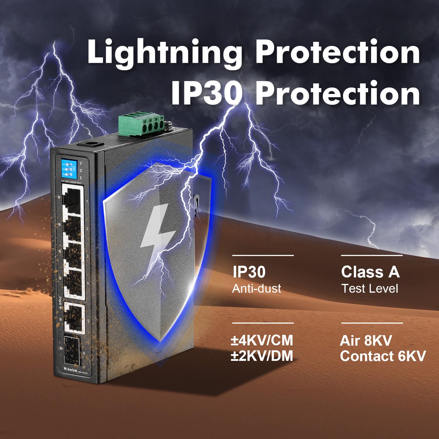 Mokerlink 6 Port Industrial Din Rail Gigabit Switch, 4 X 100/1000Mbps Ports And 1 Gigabit Uplink, 1 Gigabit Sfp, Metal Din Rail