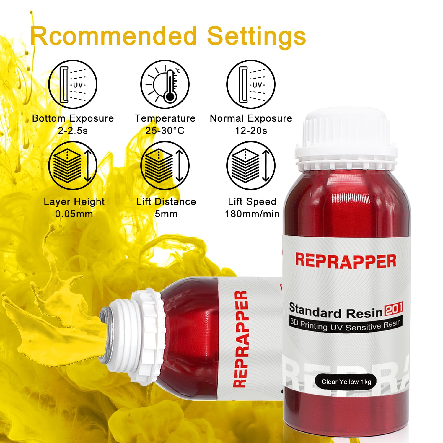 Reprapper Translucent Yellow 3D Printer Resin, 405Nm Fast Uv Curing 1Kg Transparent Yellow Standard Resin, 3D Printing Resin Pho