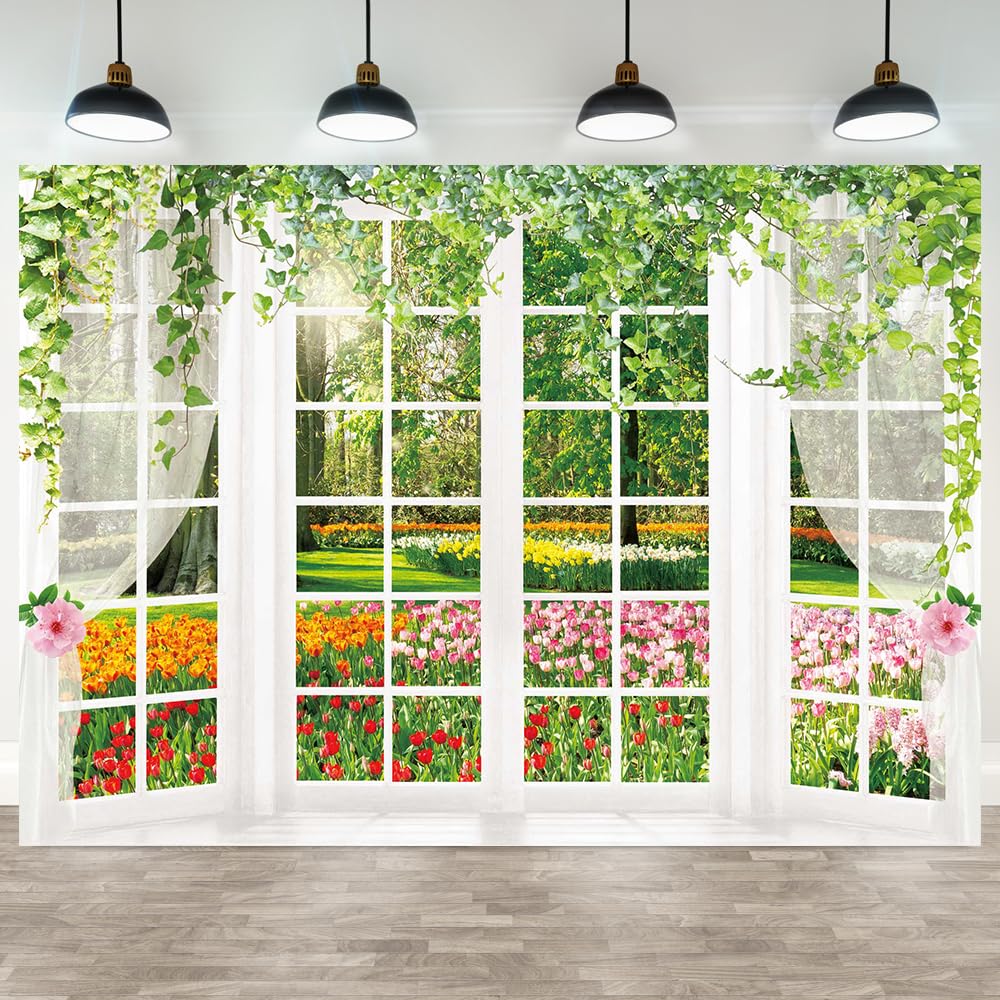 Hilioens 7  5Ft Spring Window Backdrop White Windowsill Floral Scenery Photography Background Forest Green Grass Natural Newborn